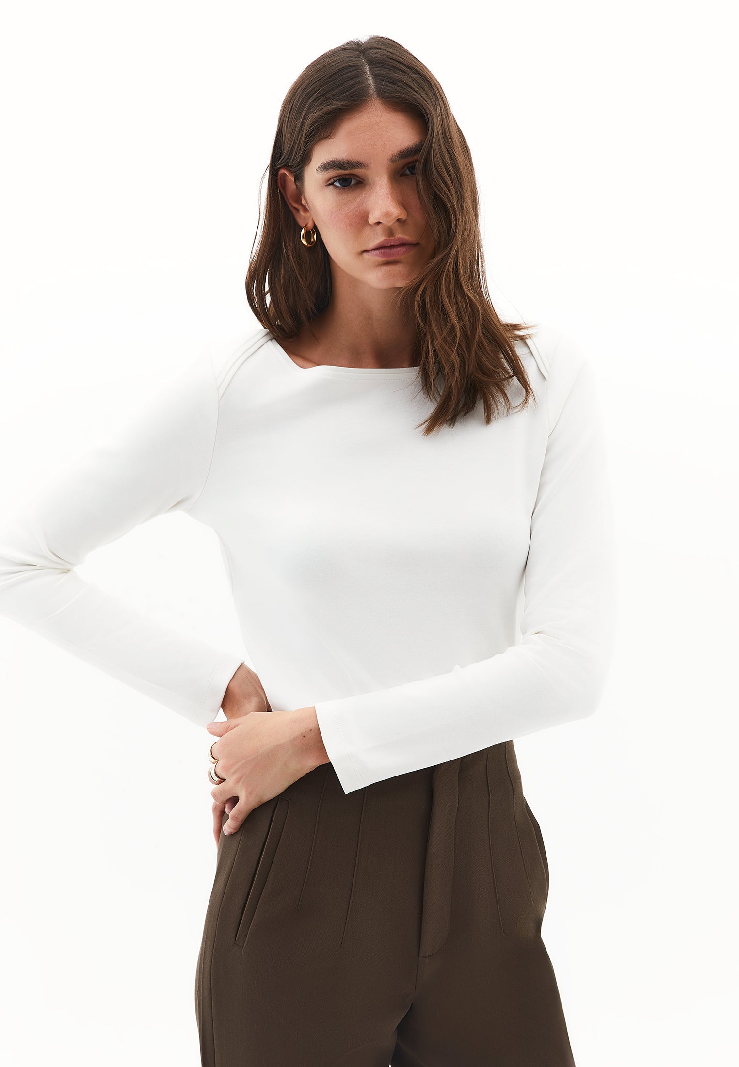 Boat Neck Long Sleeve T-Shirt - ICE MILK