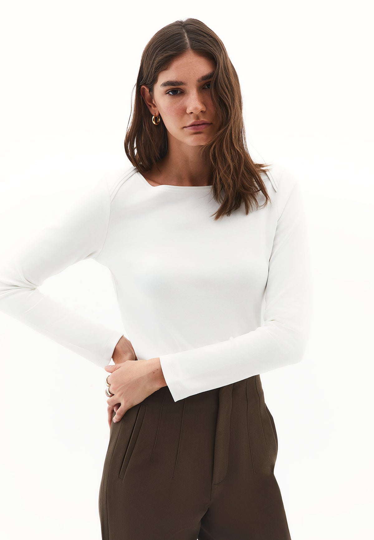 Boat Neck Long Sleeve T-Shirt - ICE MILK