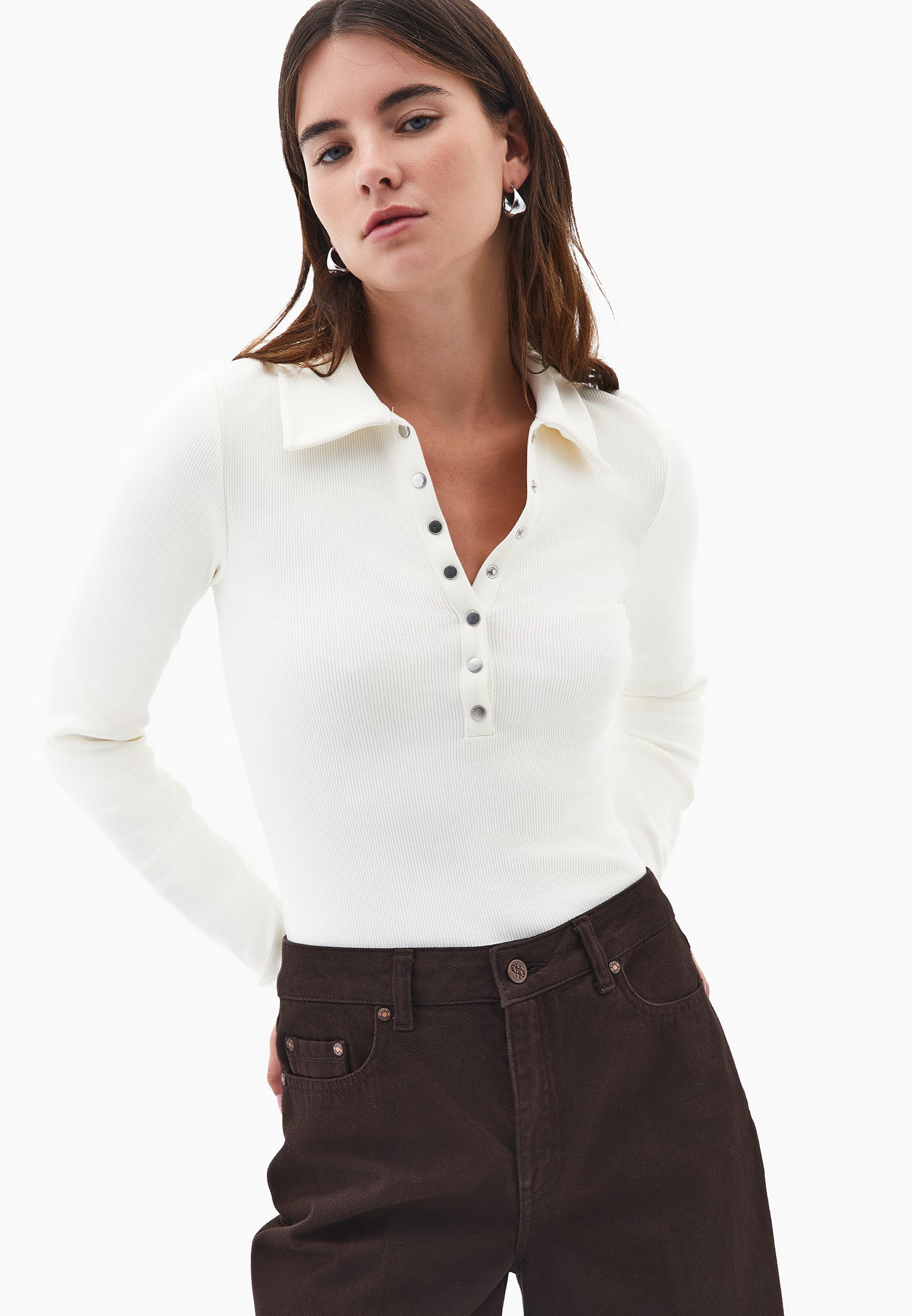 Polo Collar Long Sleeve Bodycon T-Shirt - ICE MILK