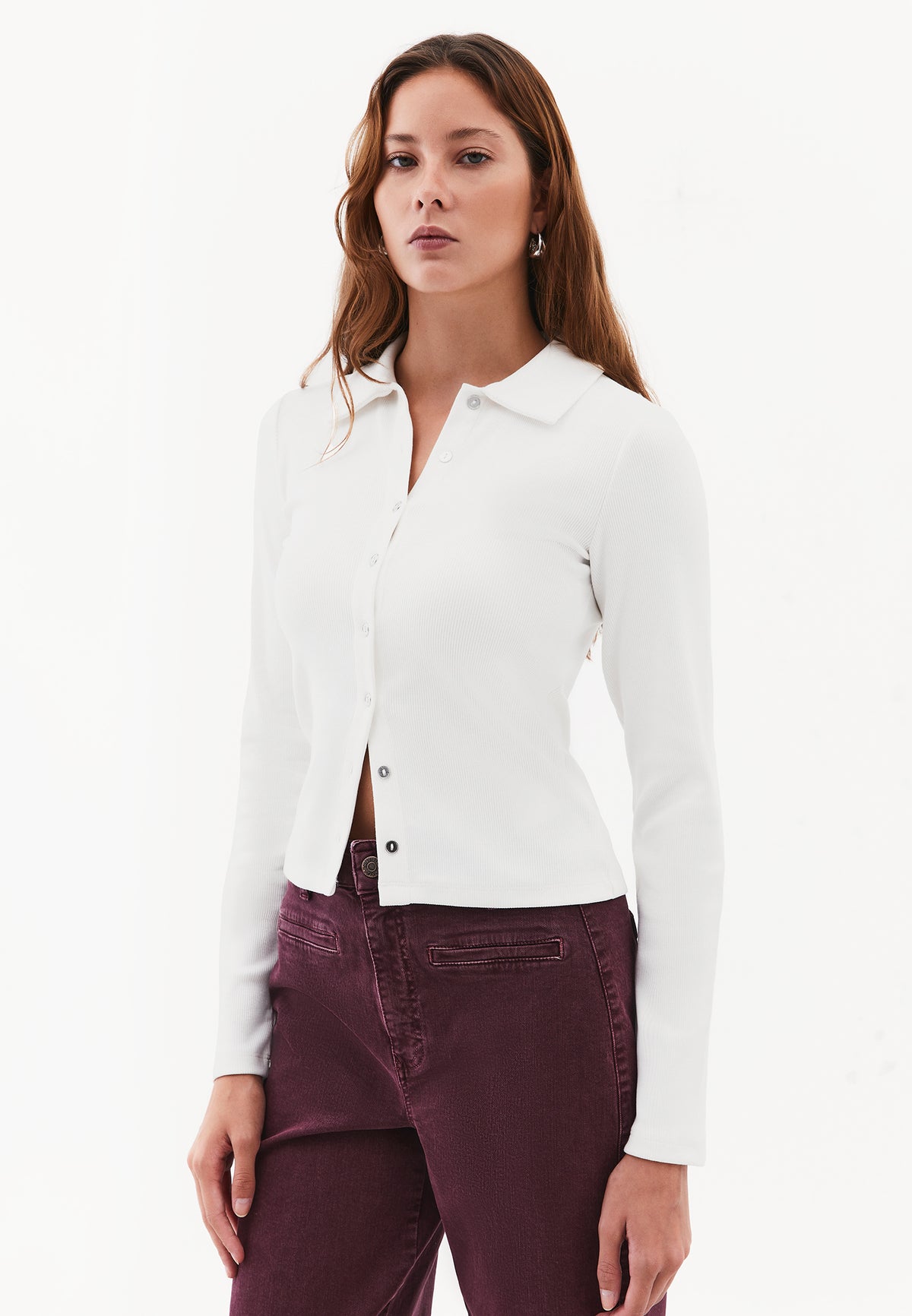 Button Detailed Polo Neck Long Sleeve T-Shirt - ICE MILK