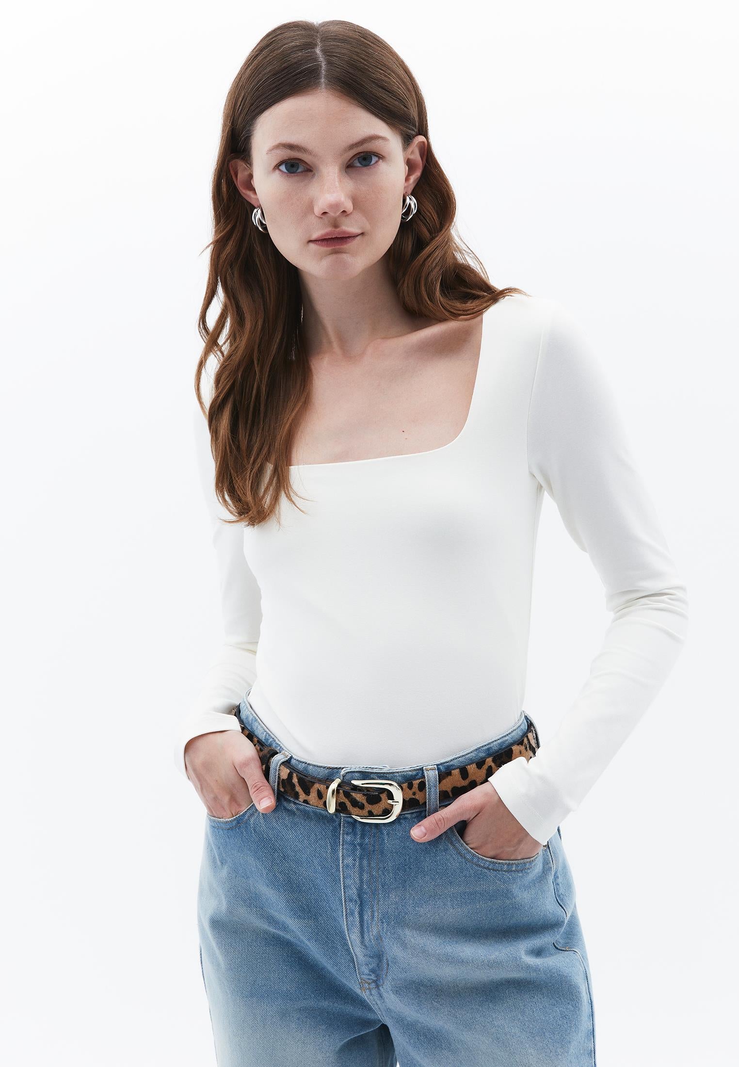 Square Neck Long Sleeve T-Shirt - ICE MILK