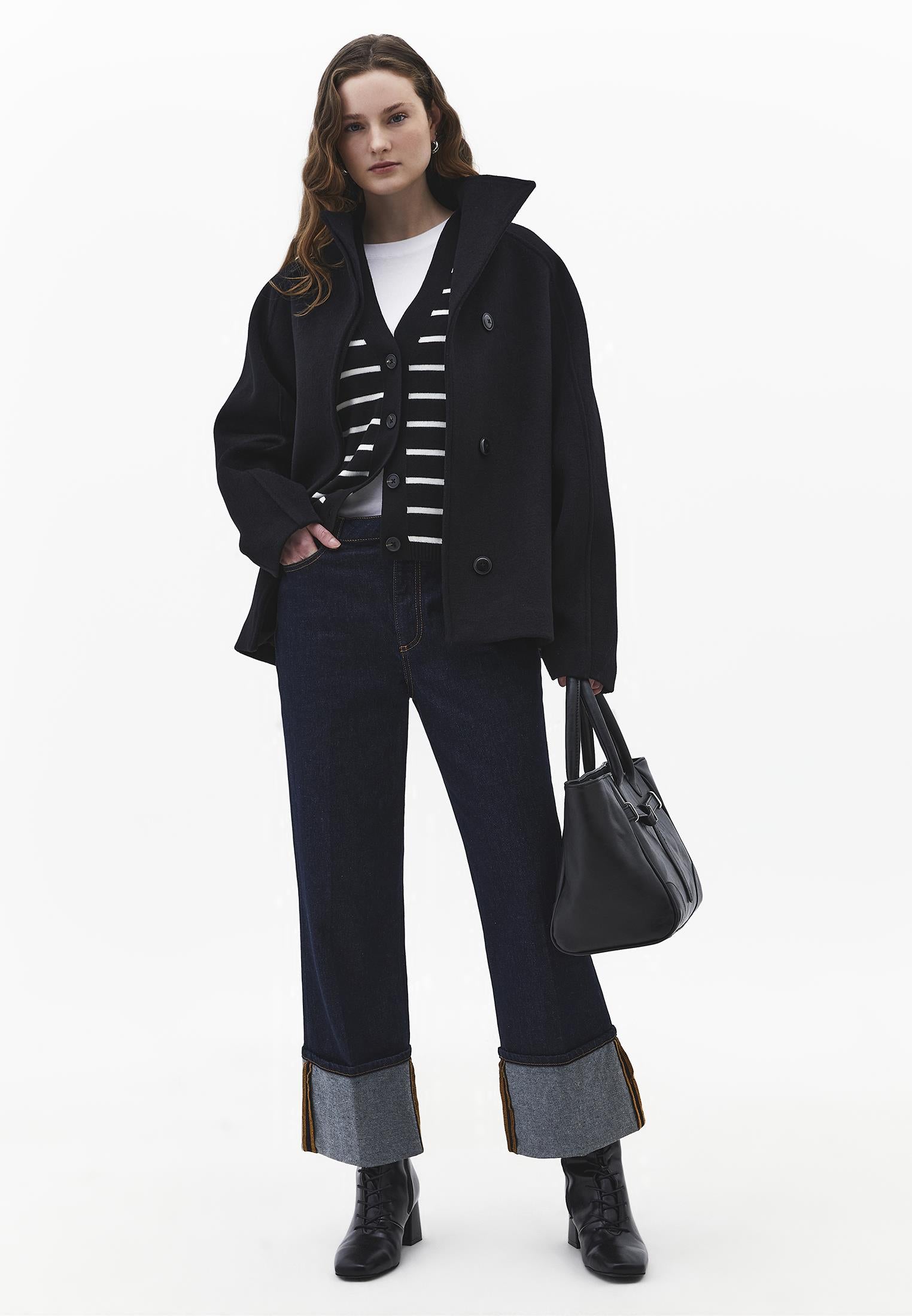 V Neck Striped Loose Knit Cardigan - BLACK/ICE MILK