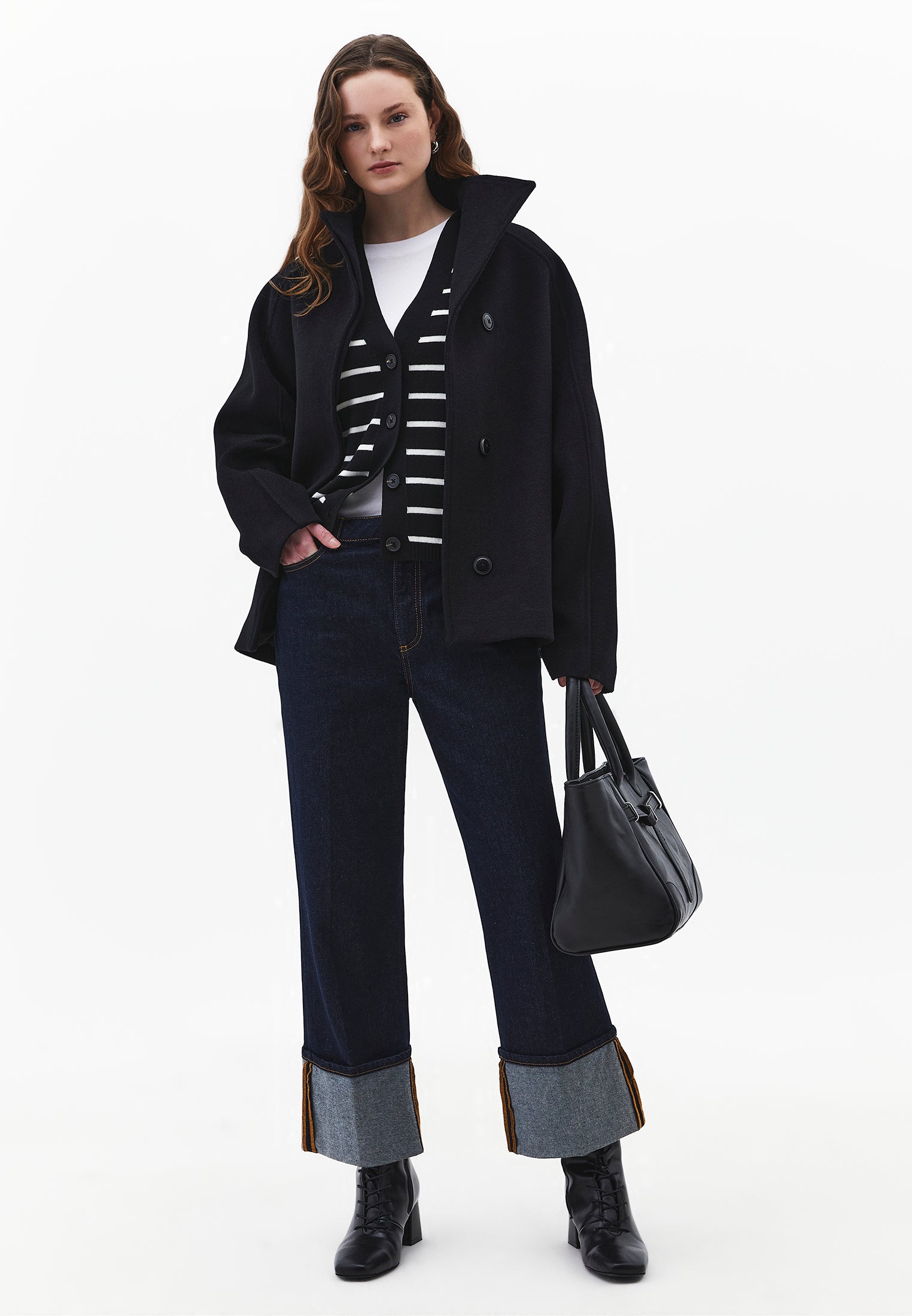 V Neck Striped Loose Knit Cardigan - BLACK/ICE MILK