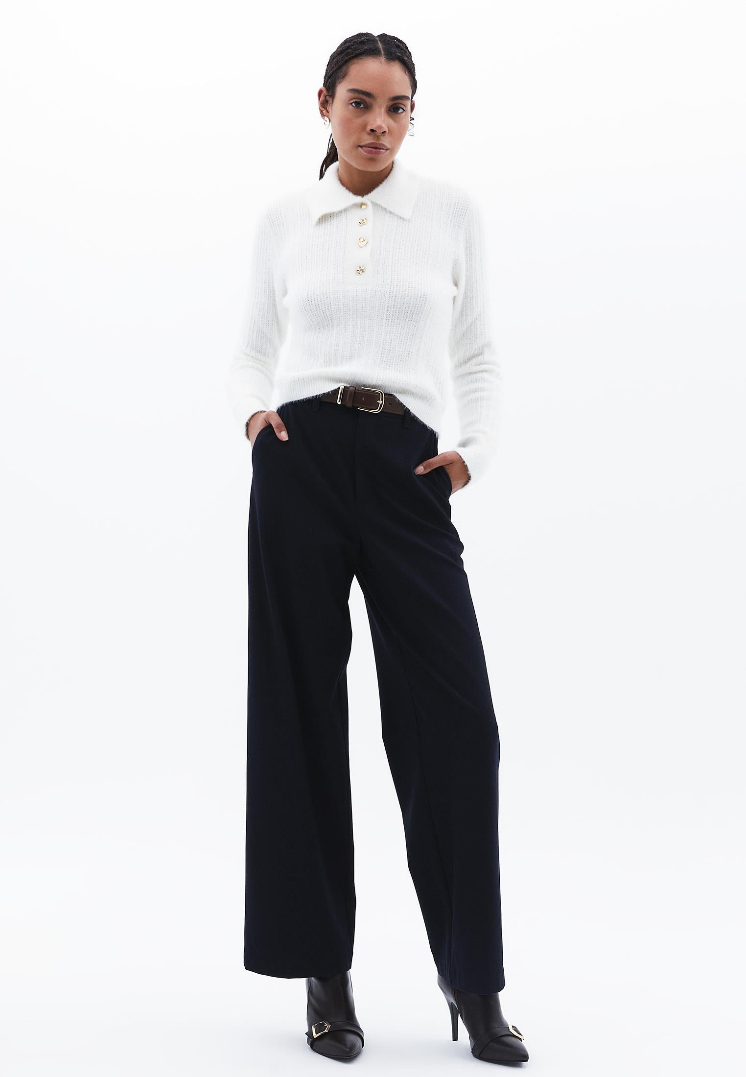 Sweater With Polo Collar And Knit Details - ICE MILK