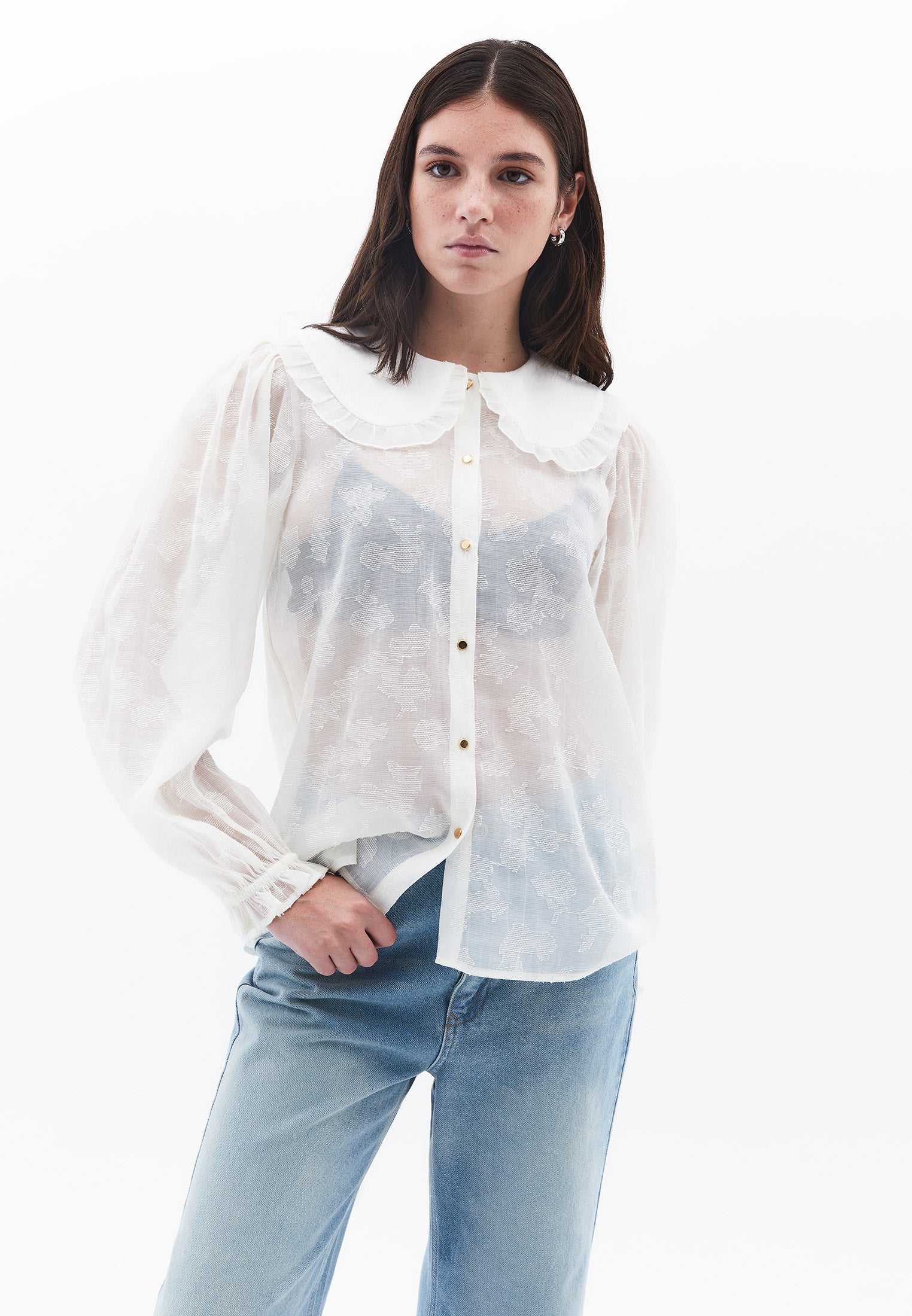 Jacquard Baby Collar Balloon Sleeve Shirt - ICE MILK
