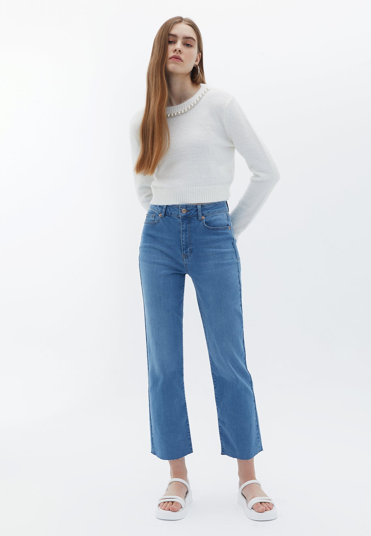 Crew Neck Beaded Raglan Sleeve Cropped Sweater - ICE MILK