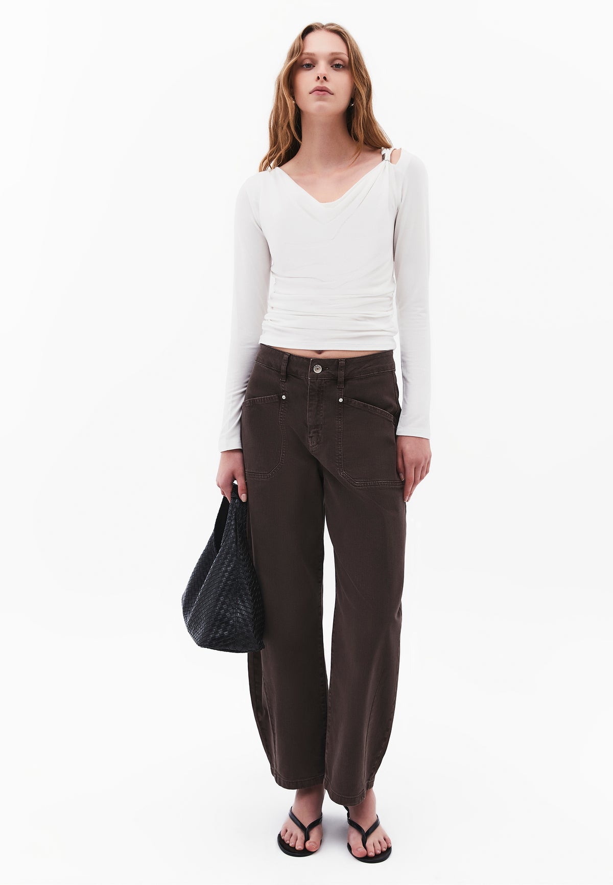 Draped Neck Long Sleeve Blouse - ICE MILK