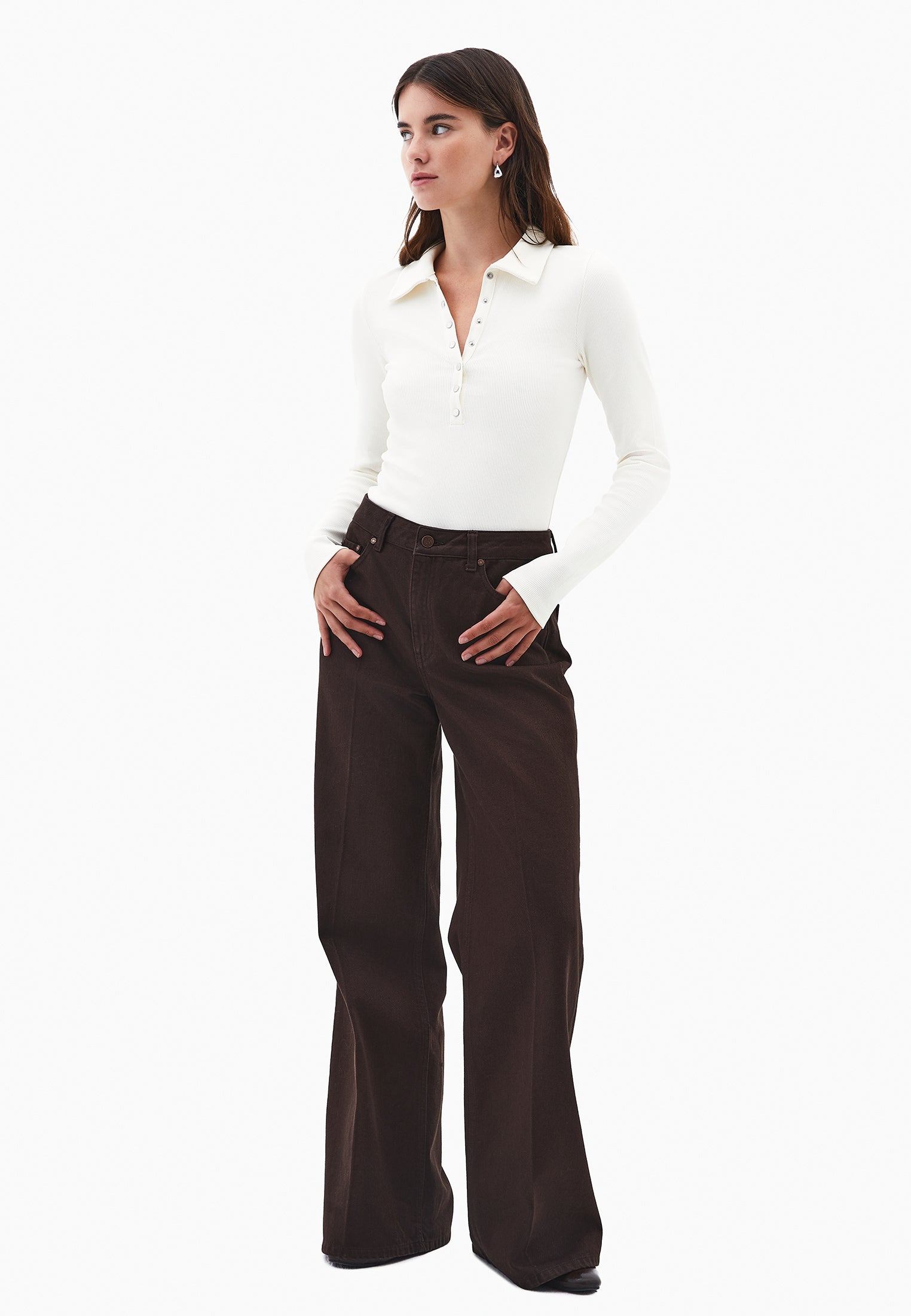 Polo Collar Long Sleeve Bodycon T-Shirt - ICE MILK