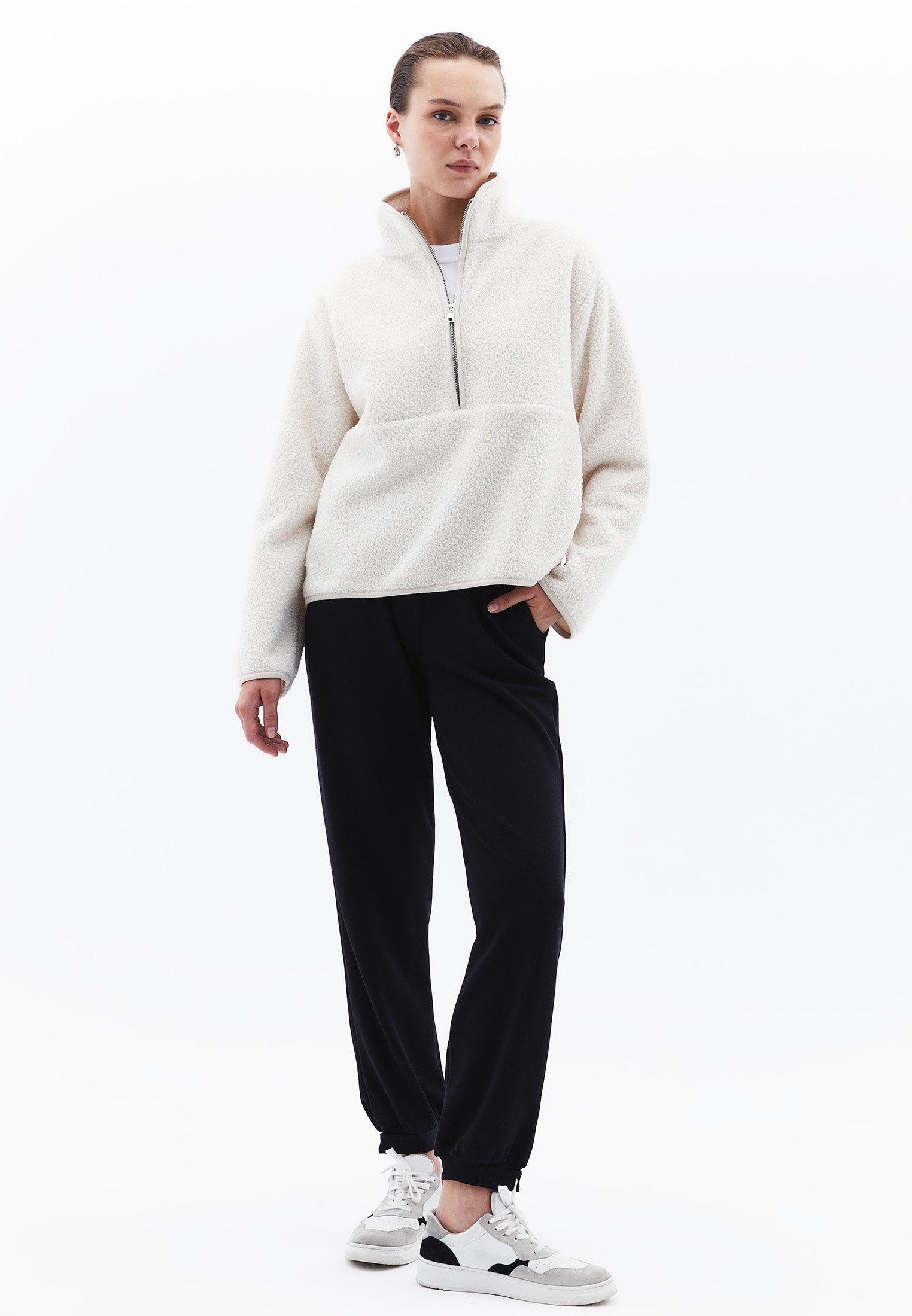 High Collar Zip Detailed Tunic Coat - ICE MILK
