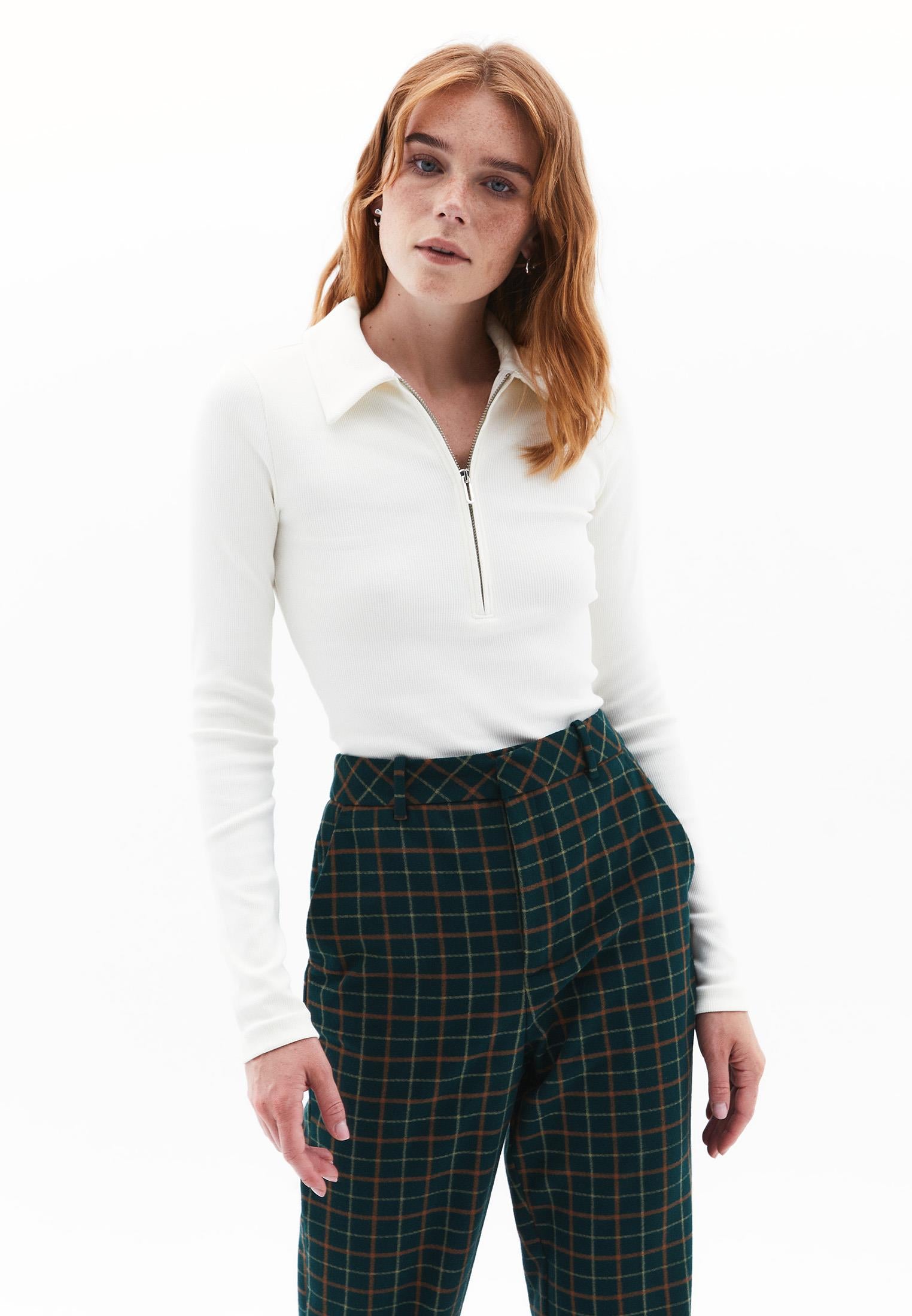 Long Sleeve Polo Collar Zipper Detail T-Shirt - ICE MILK