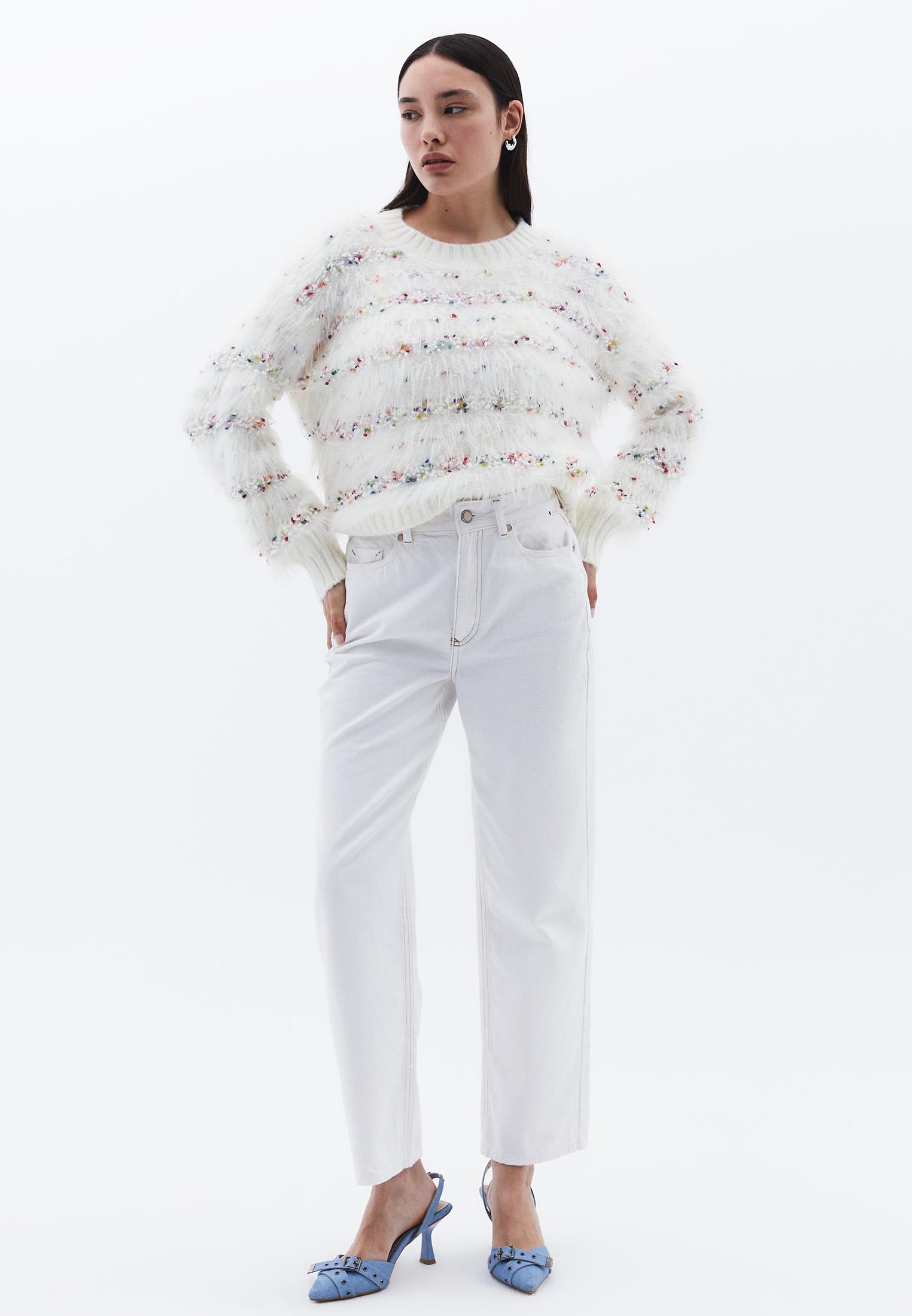 High Neck Long Sleeve Sweater With Tassel Details - ICE MILK