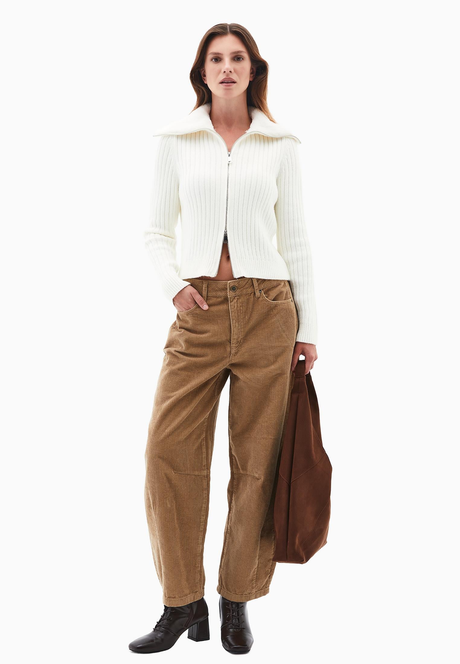Polo Neck Zipper Detail Knit Cardigan - ICE MILK