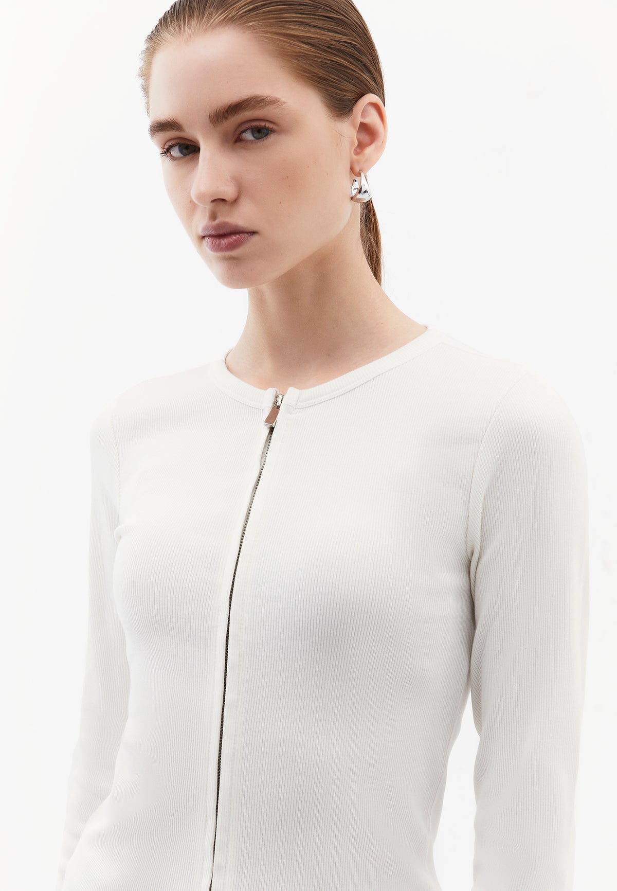 Crew Neck Long Sleeve Zip Detailed Bodycon T-Shirt - ICE MILK