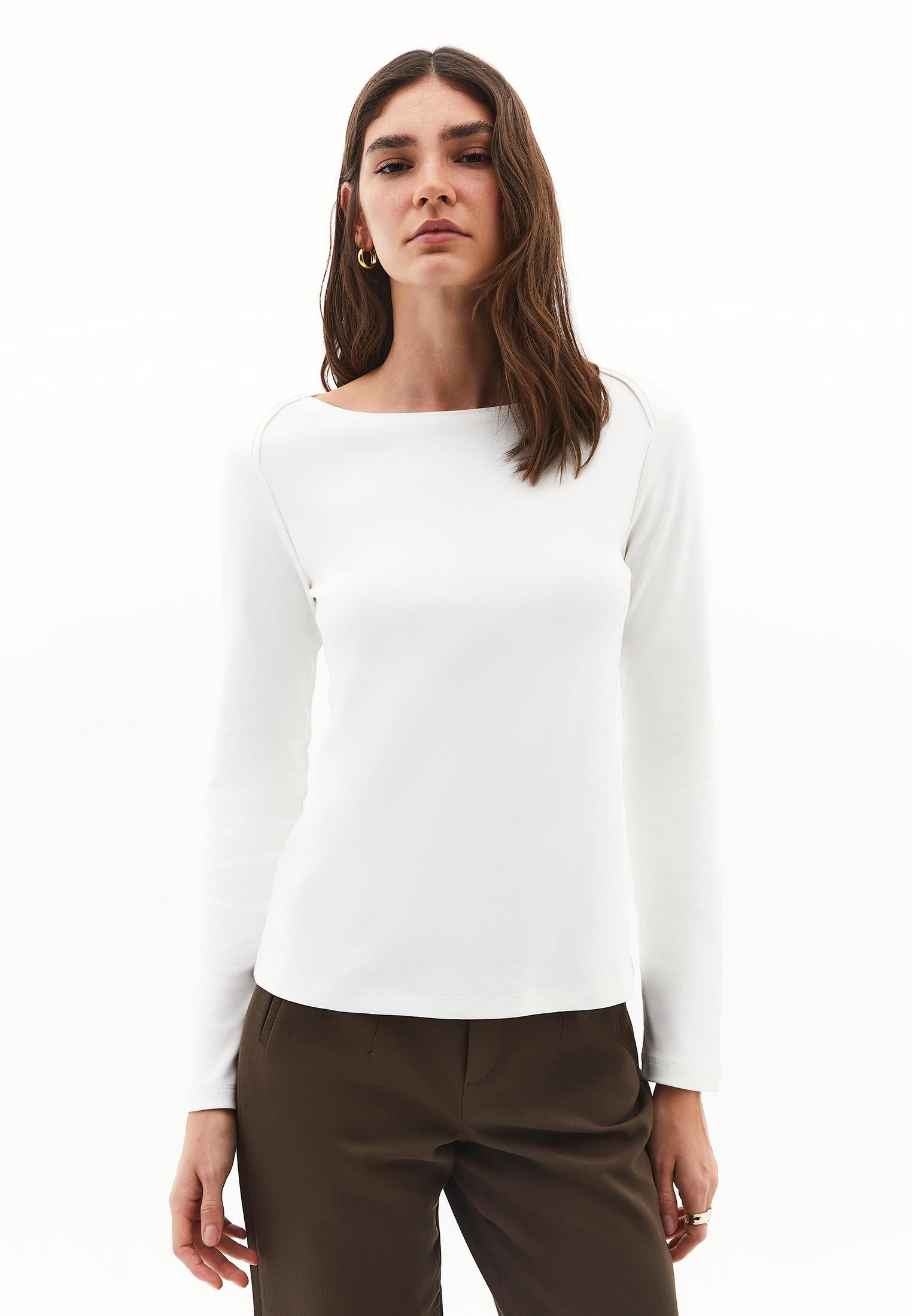 Boat Neck Long Sleeve T-Shirt - ICE MILK
