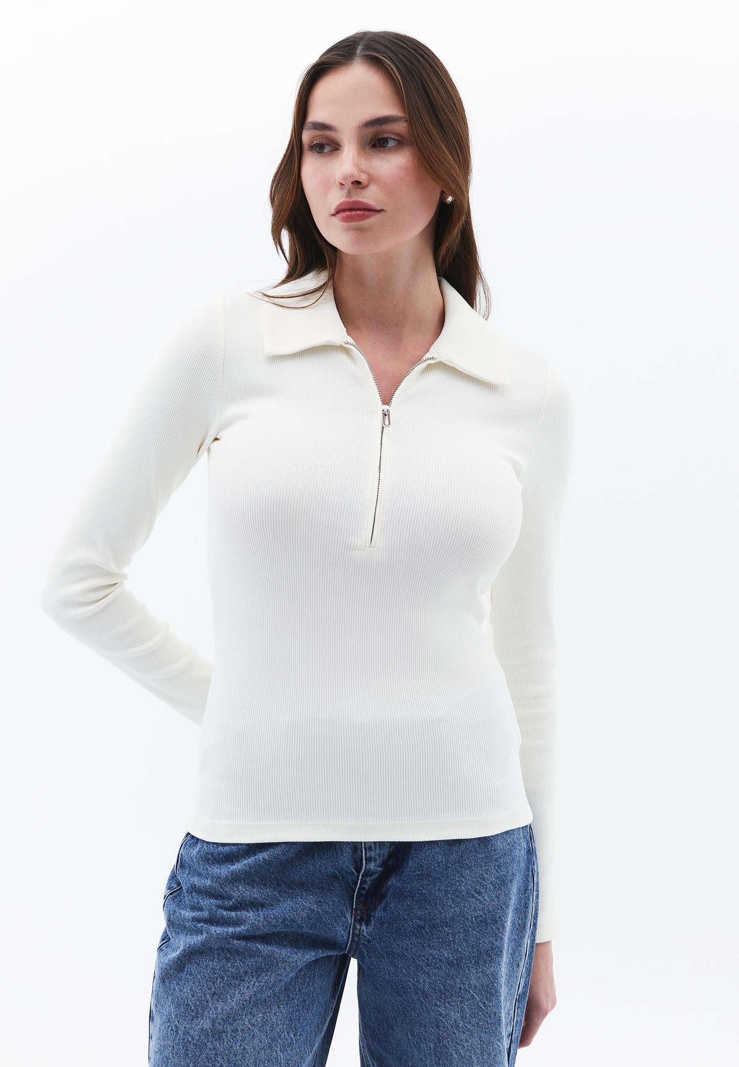 Polo Collar Long Sleeve T-Shirt With Zipper Detail - ICE MILK