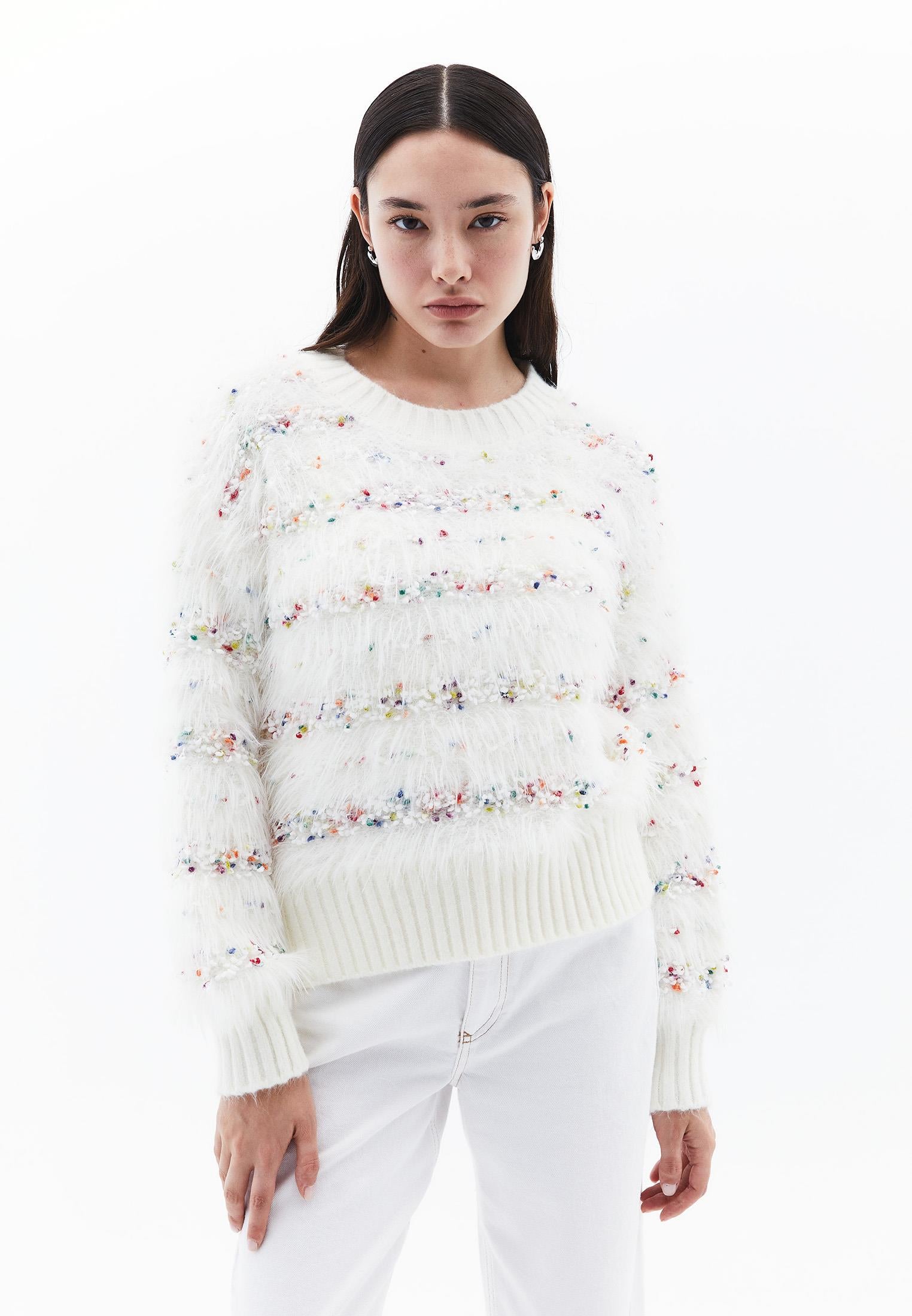 High Neck Long Sleeve Sweater With Tassel Details - ICE MILK