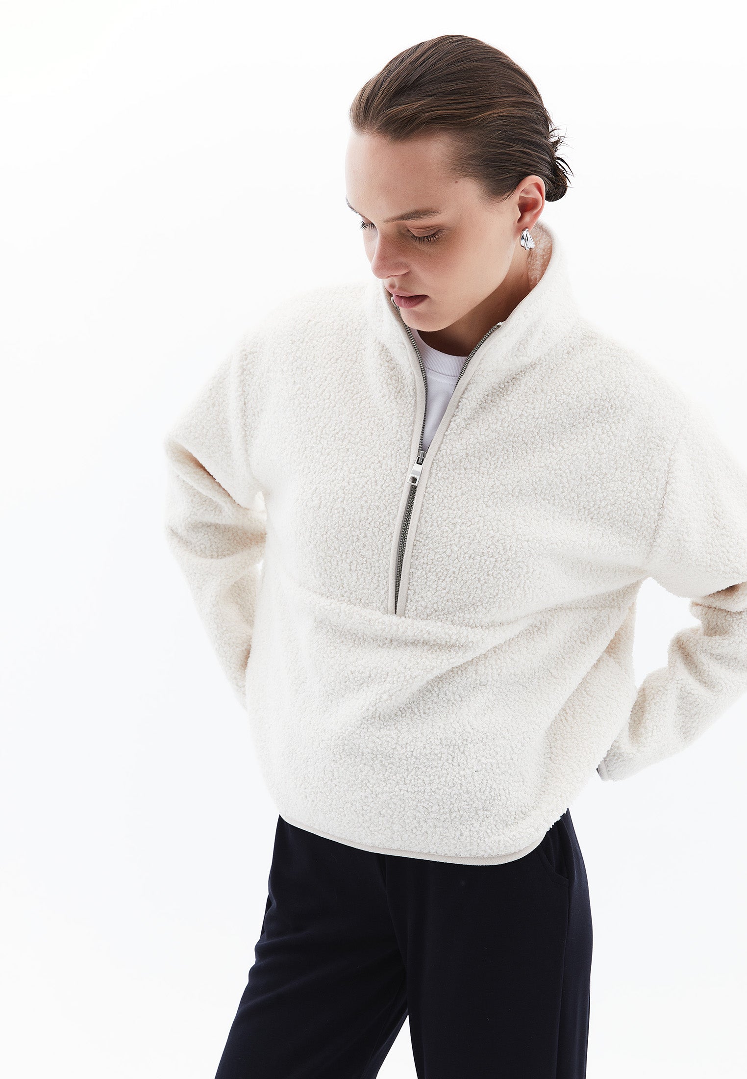 High Collar Zip Detailed Tunic Coat - ICE MILK