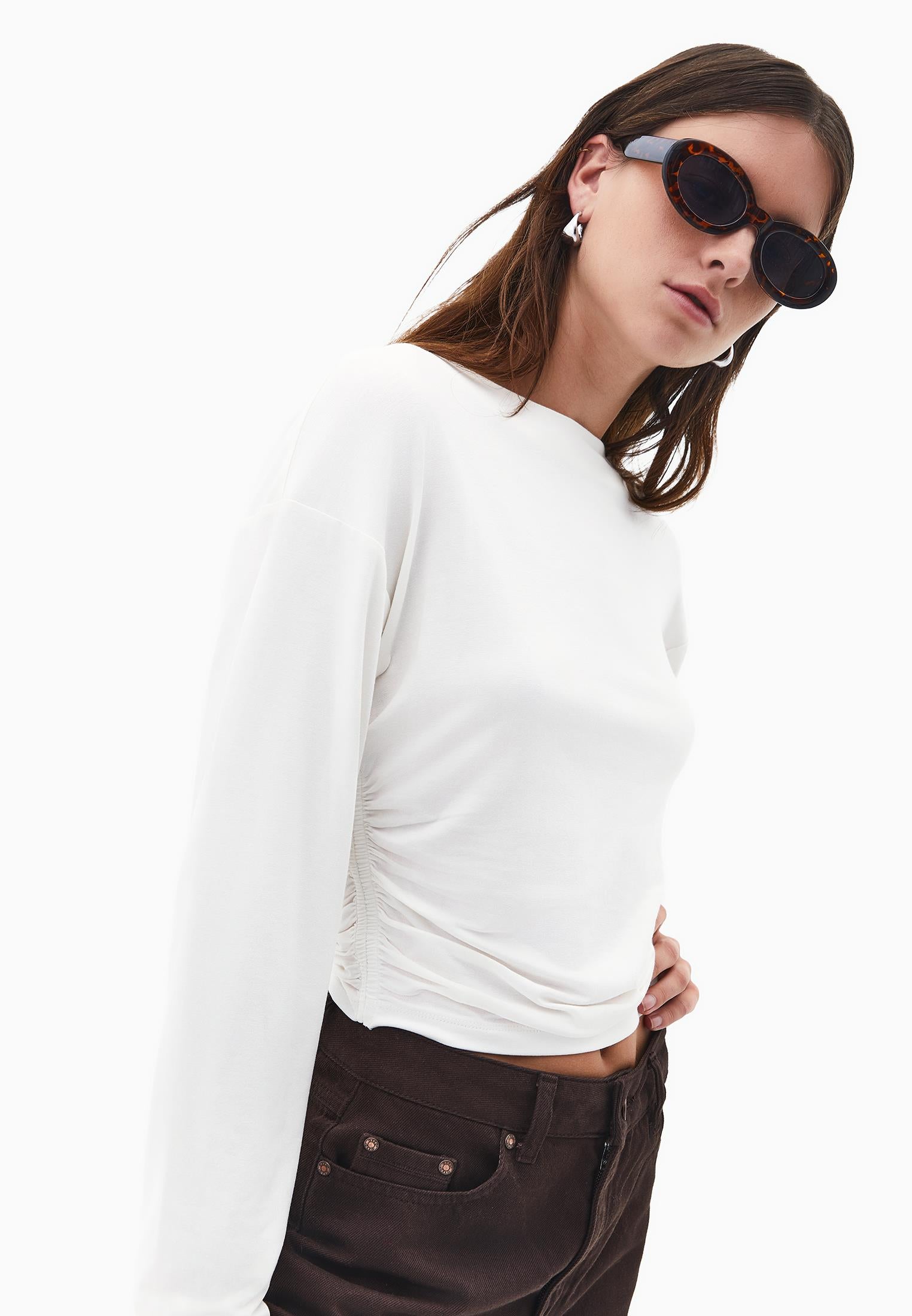 Boat Neck Long Sleeve T-Shirt - ICE MILK
