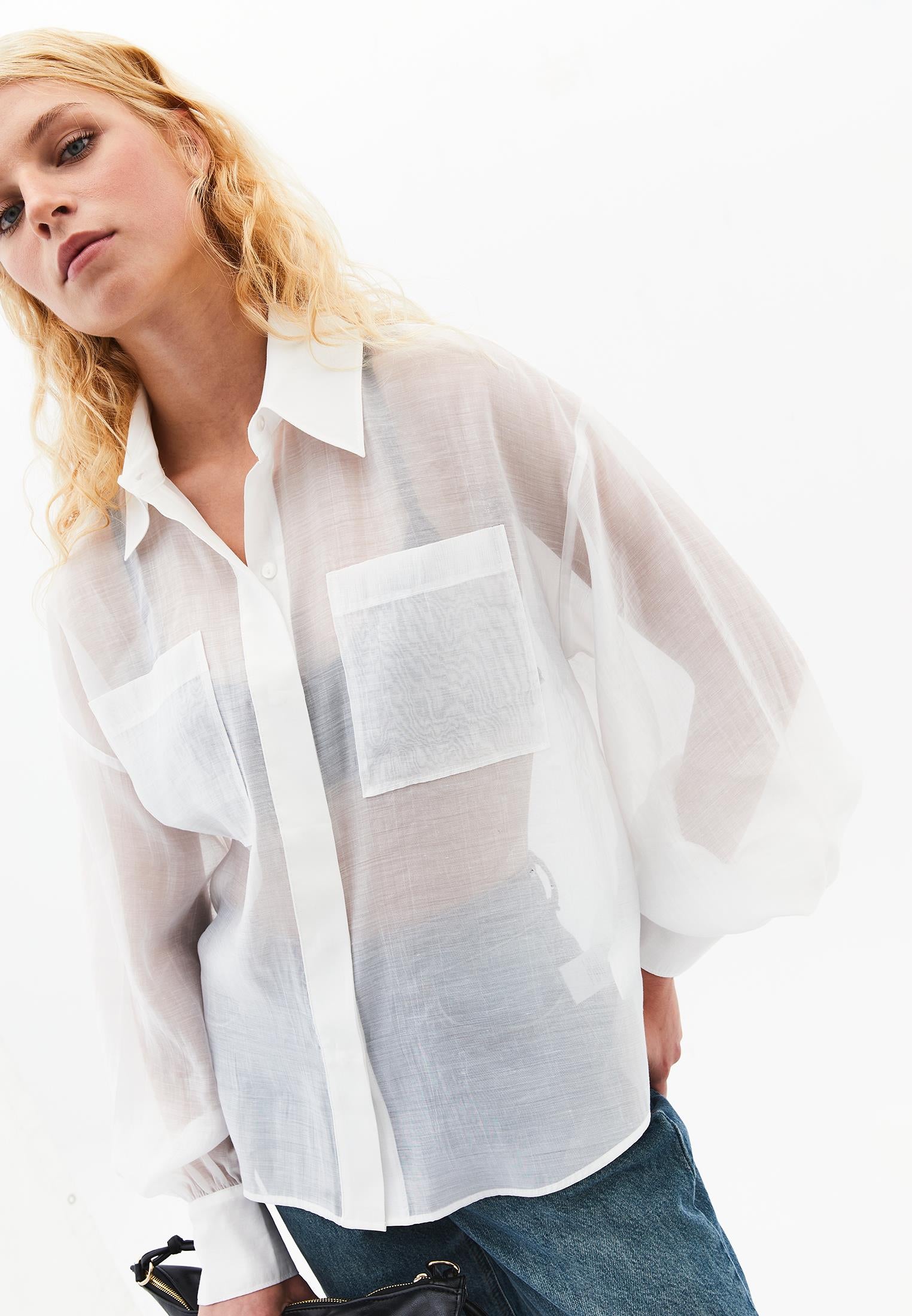 Loose Shirt With Balloon Sleeves And Pocket Detail - ICE MILK