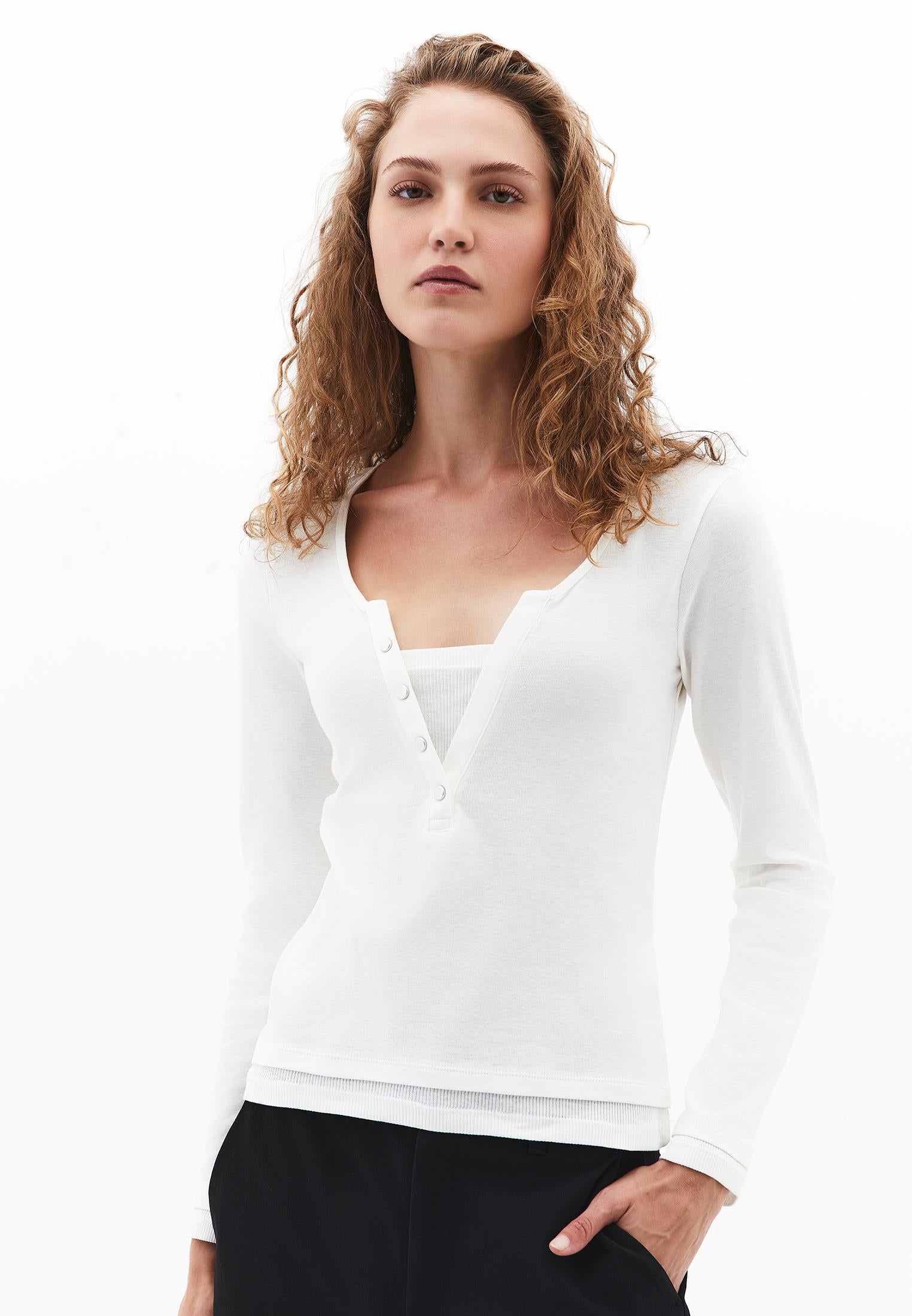 V Neck Long Sleeve T-Shirt - ICE MILK