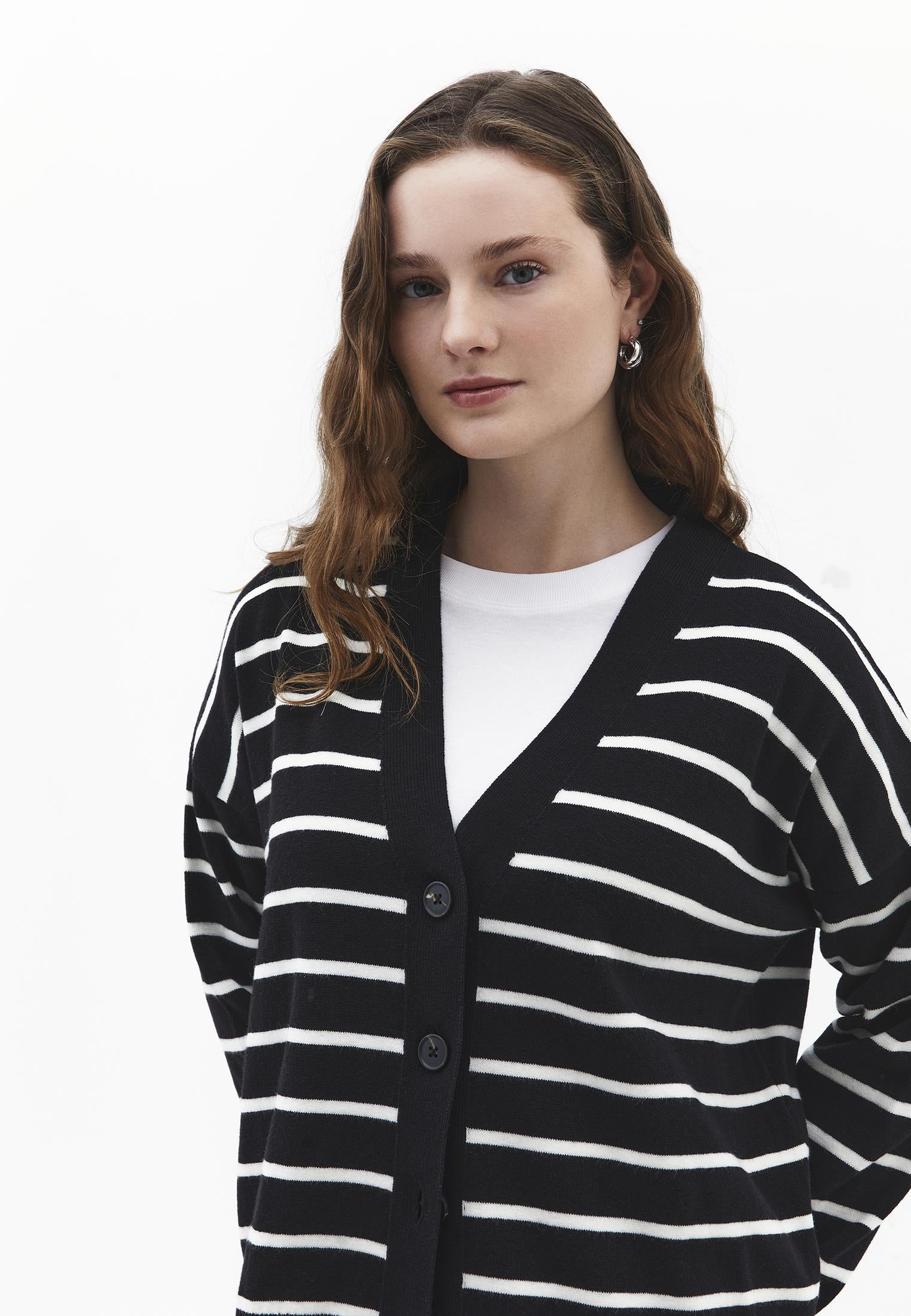 V Neck Striped Loose Knit Cardigan - BLACK/ICE MILK