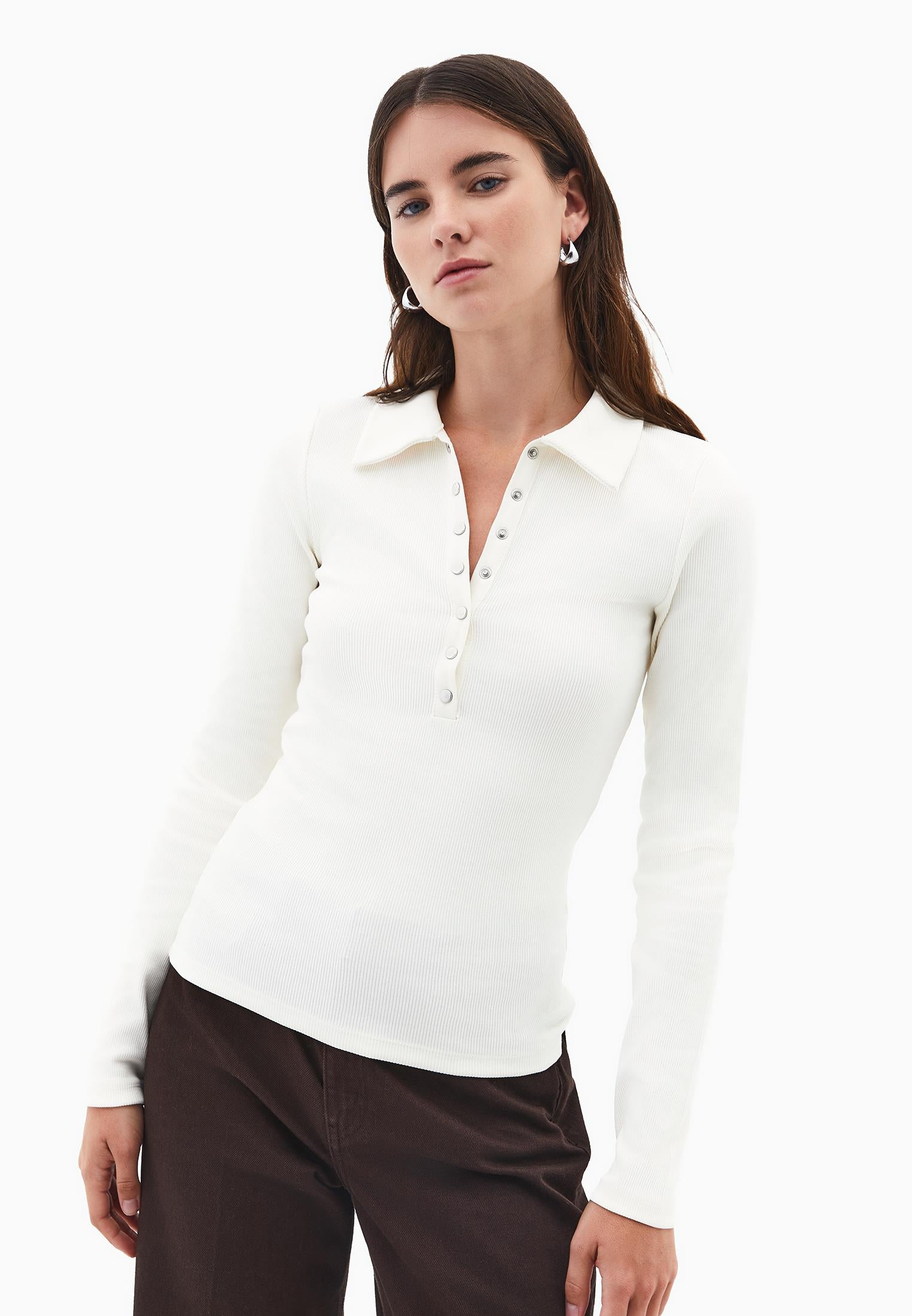 Polo Collar Long Sleeve Bodycon T-Shirt - ICE MILK