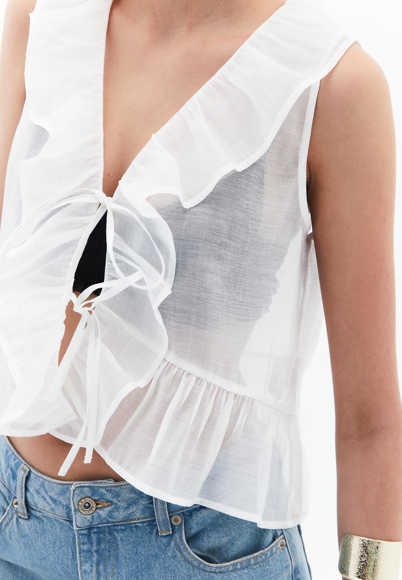 Sleeveless Blouse With Ruffle Detail And V Neck - ICE MILK