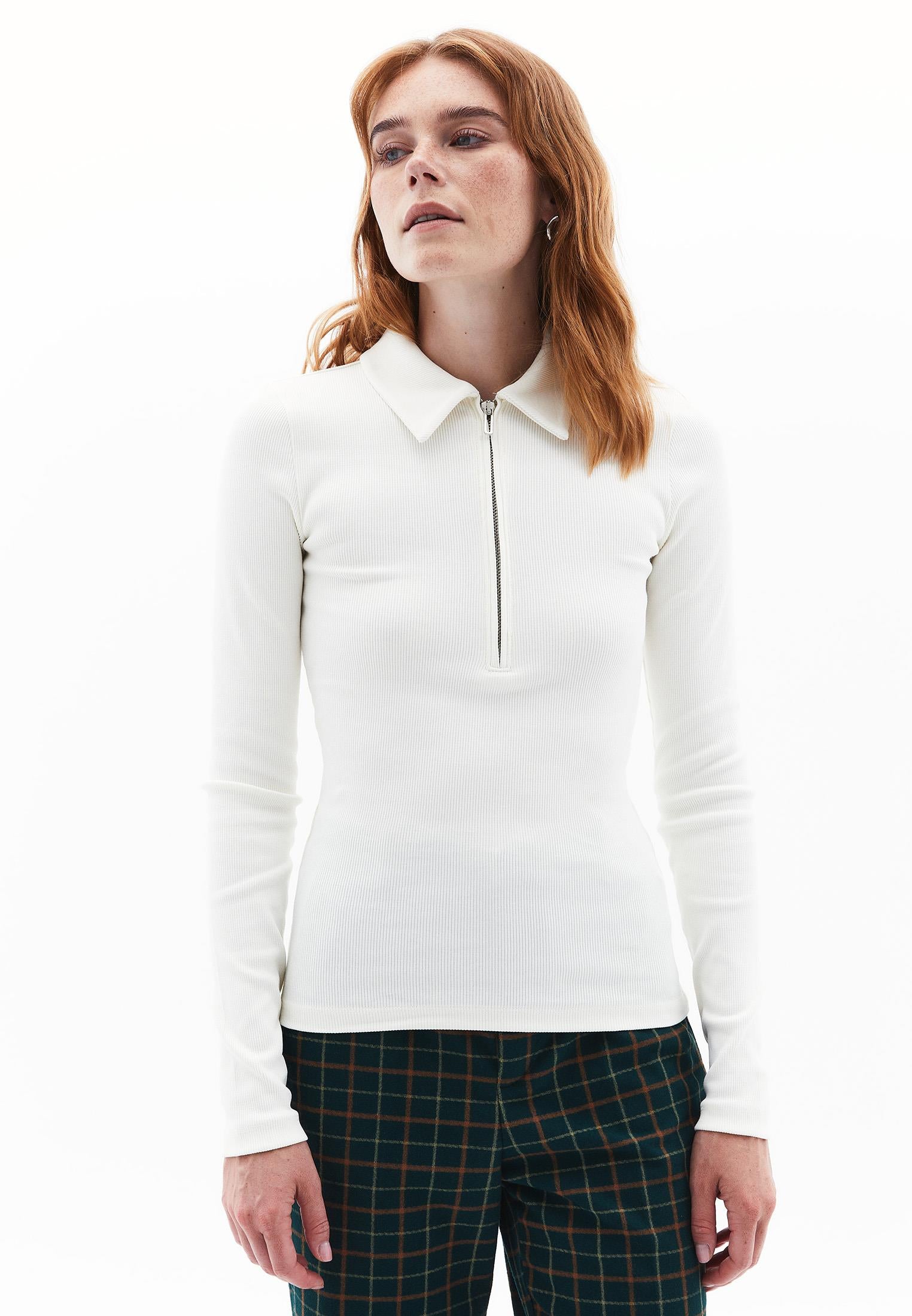 Long Sleeve Polo Collar Zipper Detail T-Shirt - ICE MILK