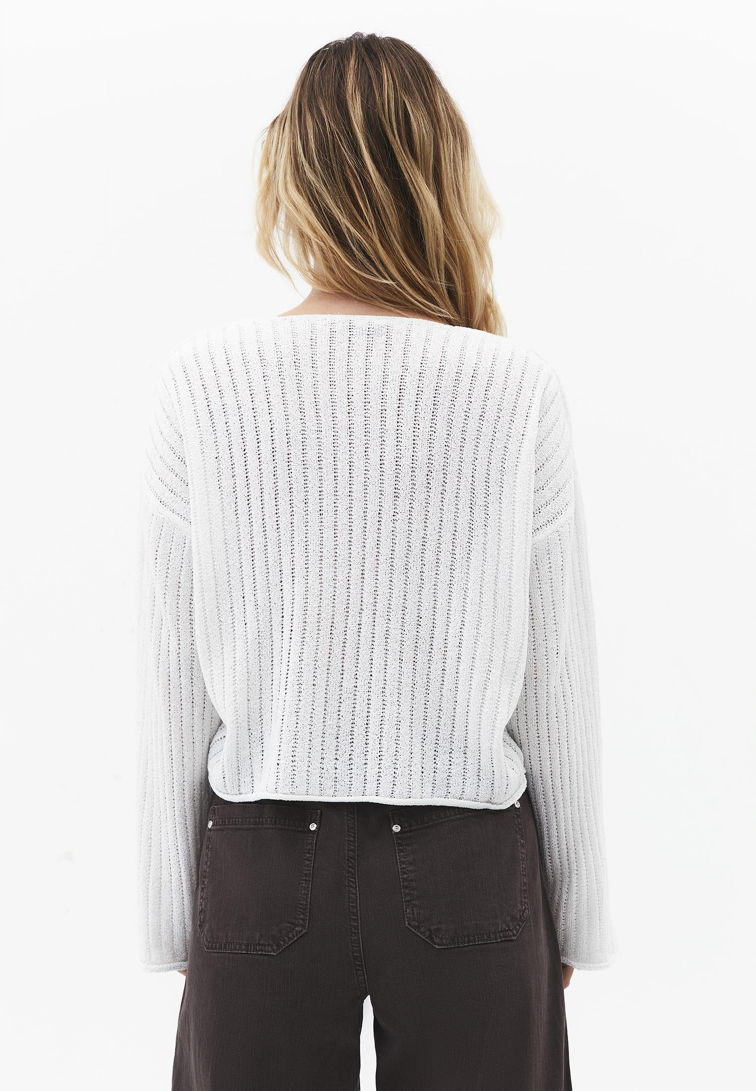 Ribbed V-Neck Long Sleeve Sweater - ICE MILK