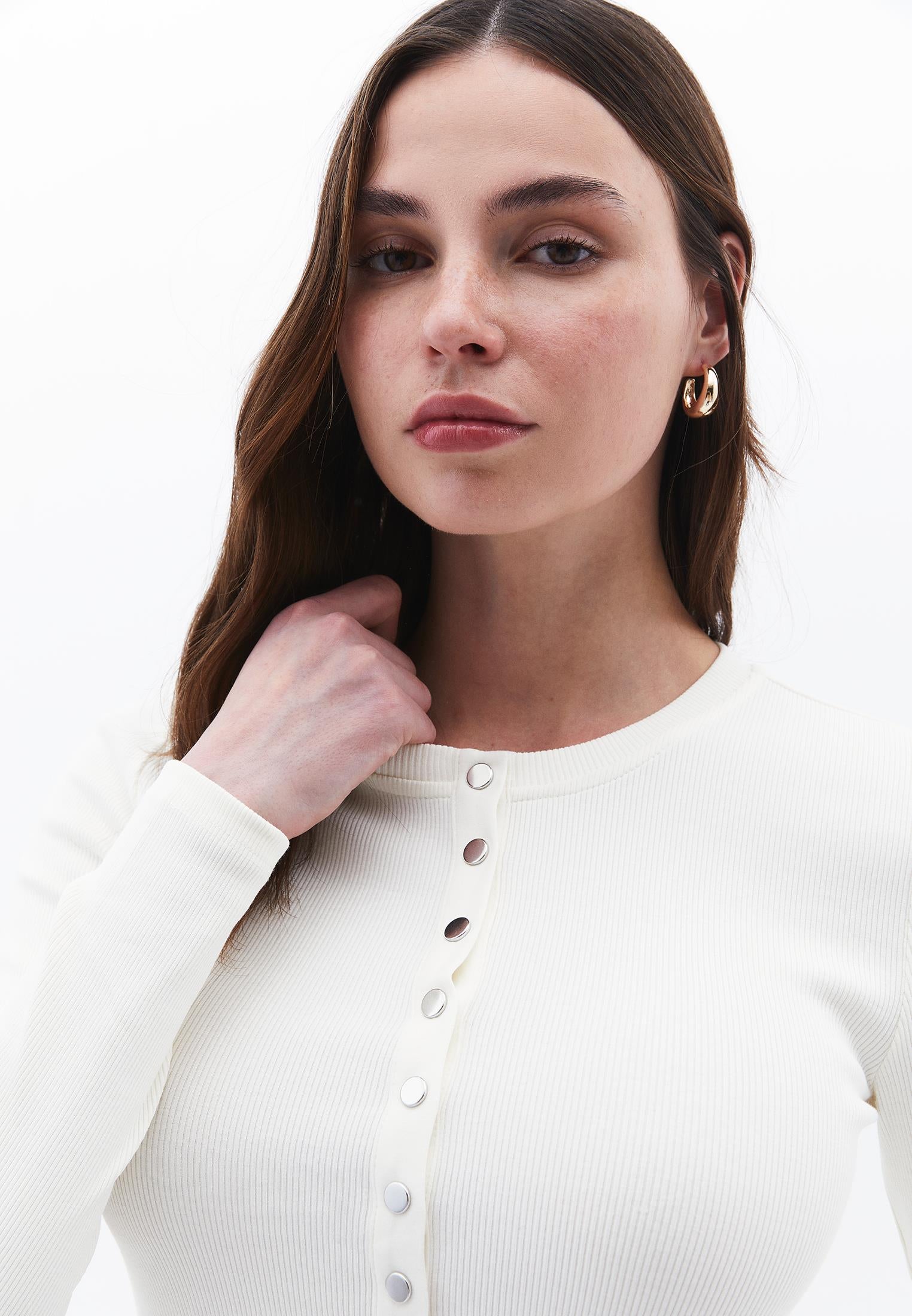 Ribbed Fabric Long Sleeve T-Shirt Crew Neck - ICE MILK