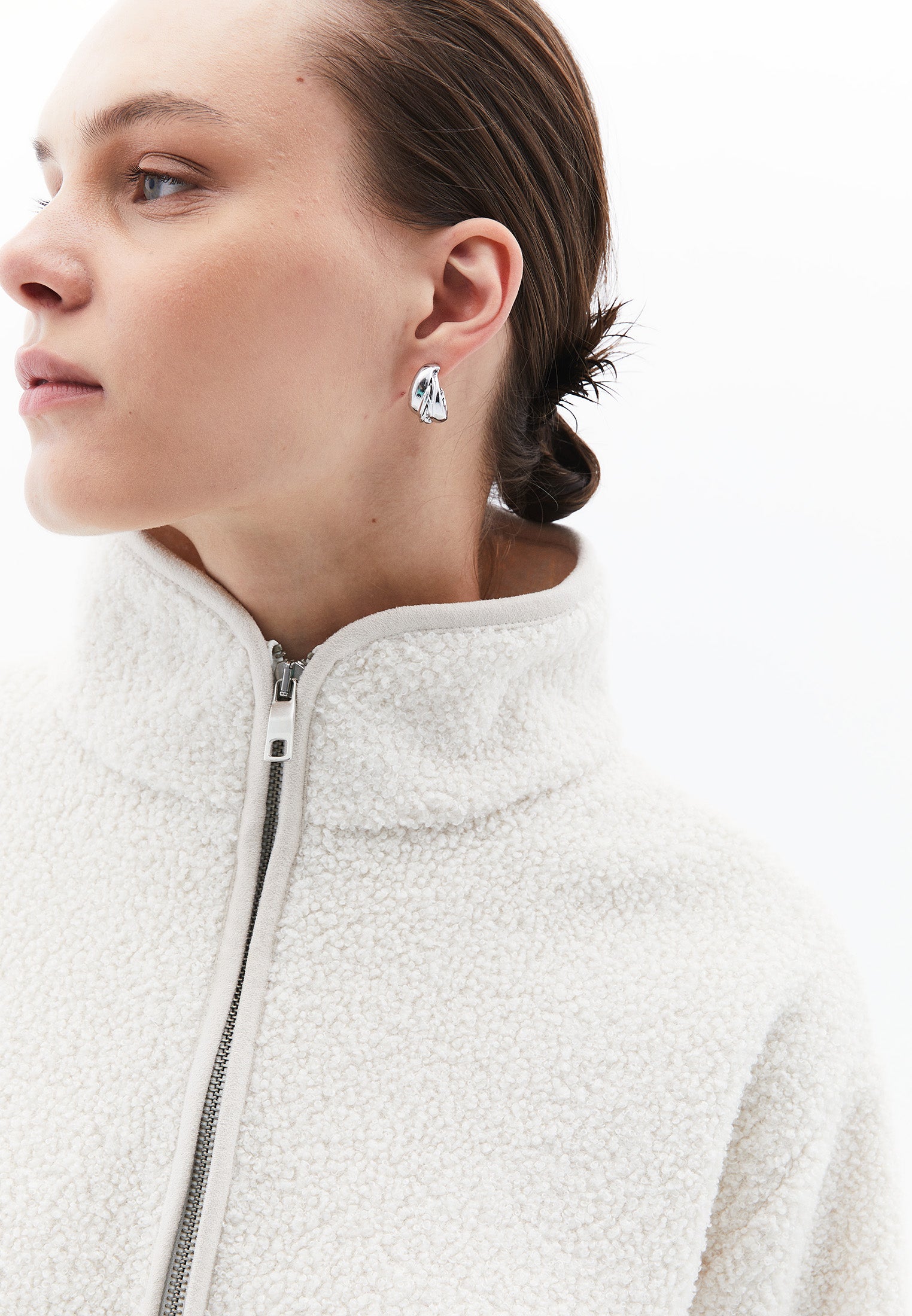 High Collar Zip Detailed Tunic Coat - ICE MILK
