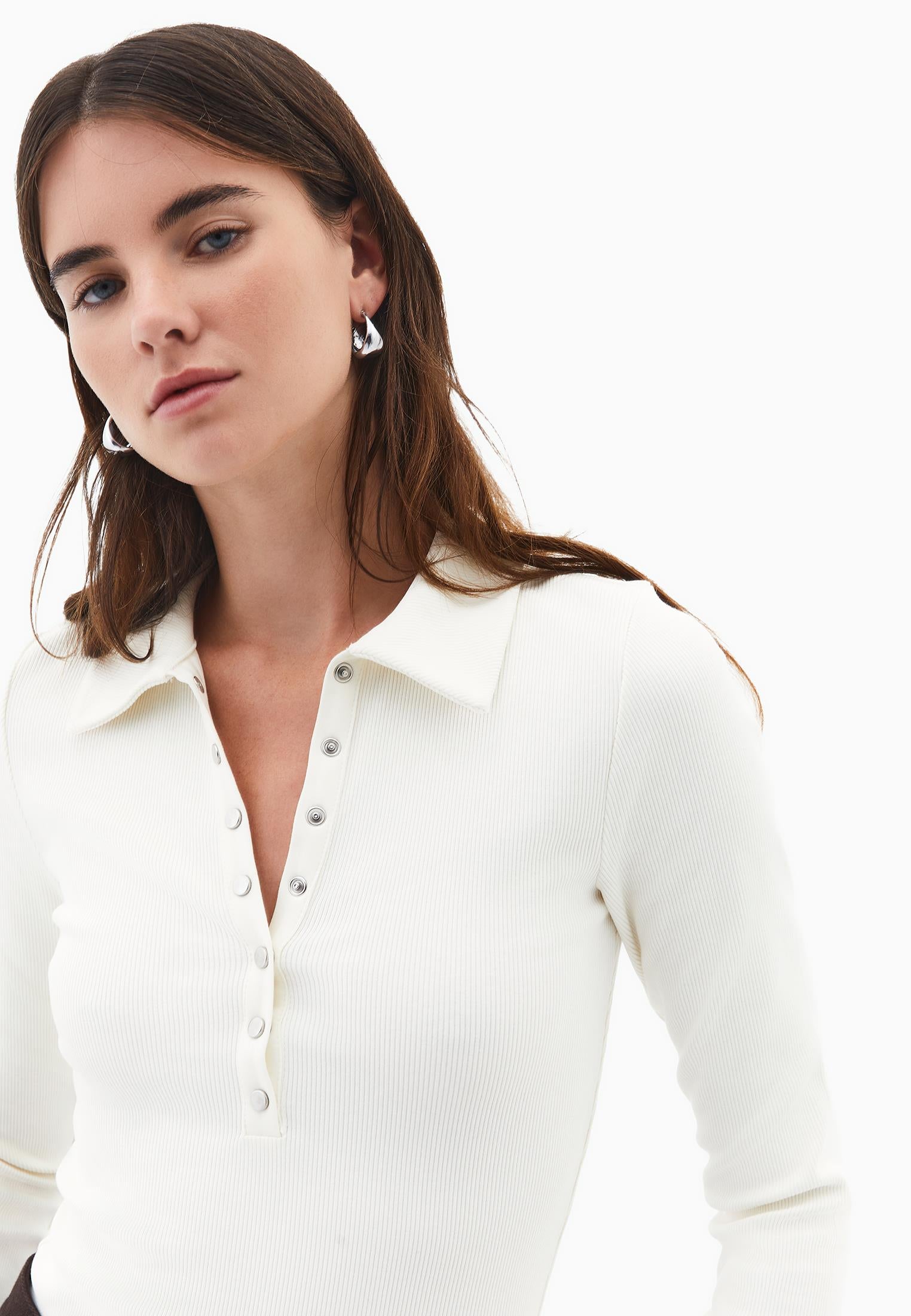 Polo Collar Long Sleeve Bodycon T-Shirt - ICE MILK