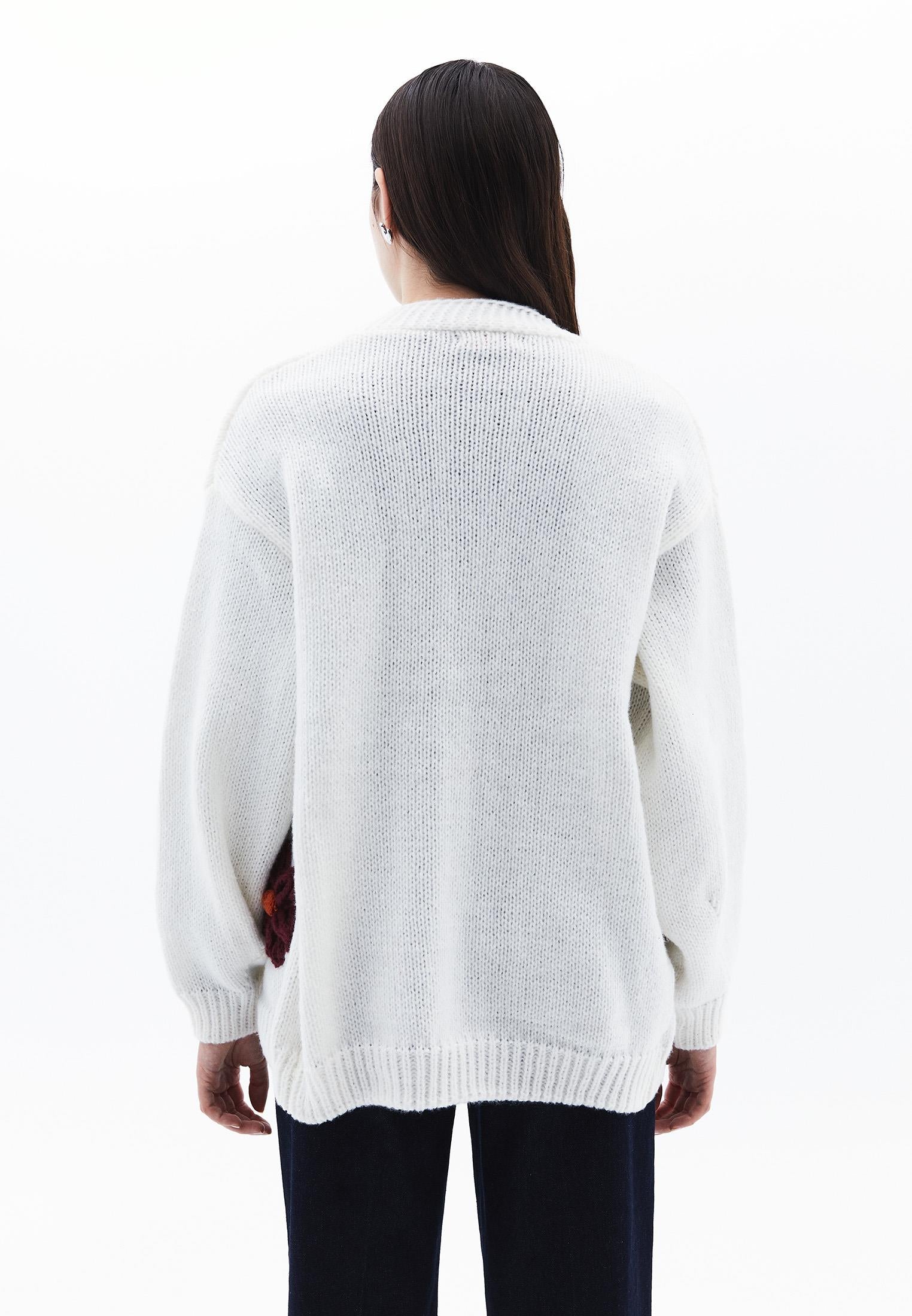 V Neck Oversize Knit Detailed Cardigan - ICE MILK