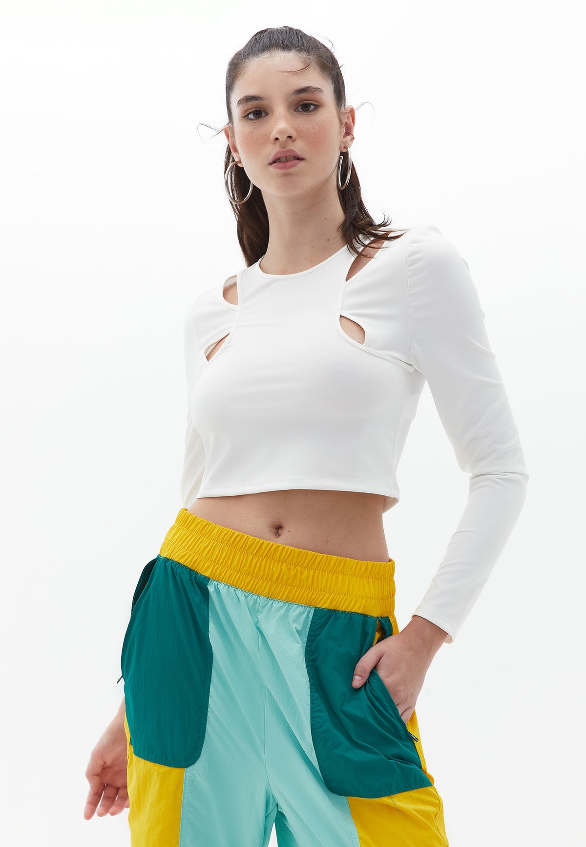 Asymmetric Neck Long Sleeve Cropped T-Shirt - ICE MILK