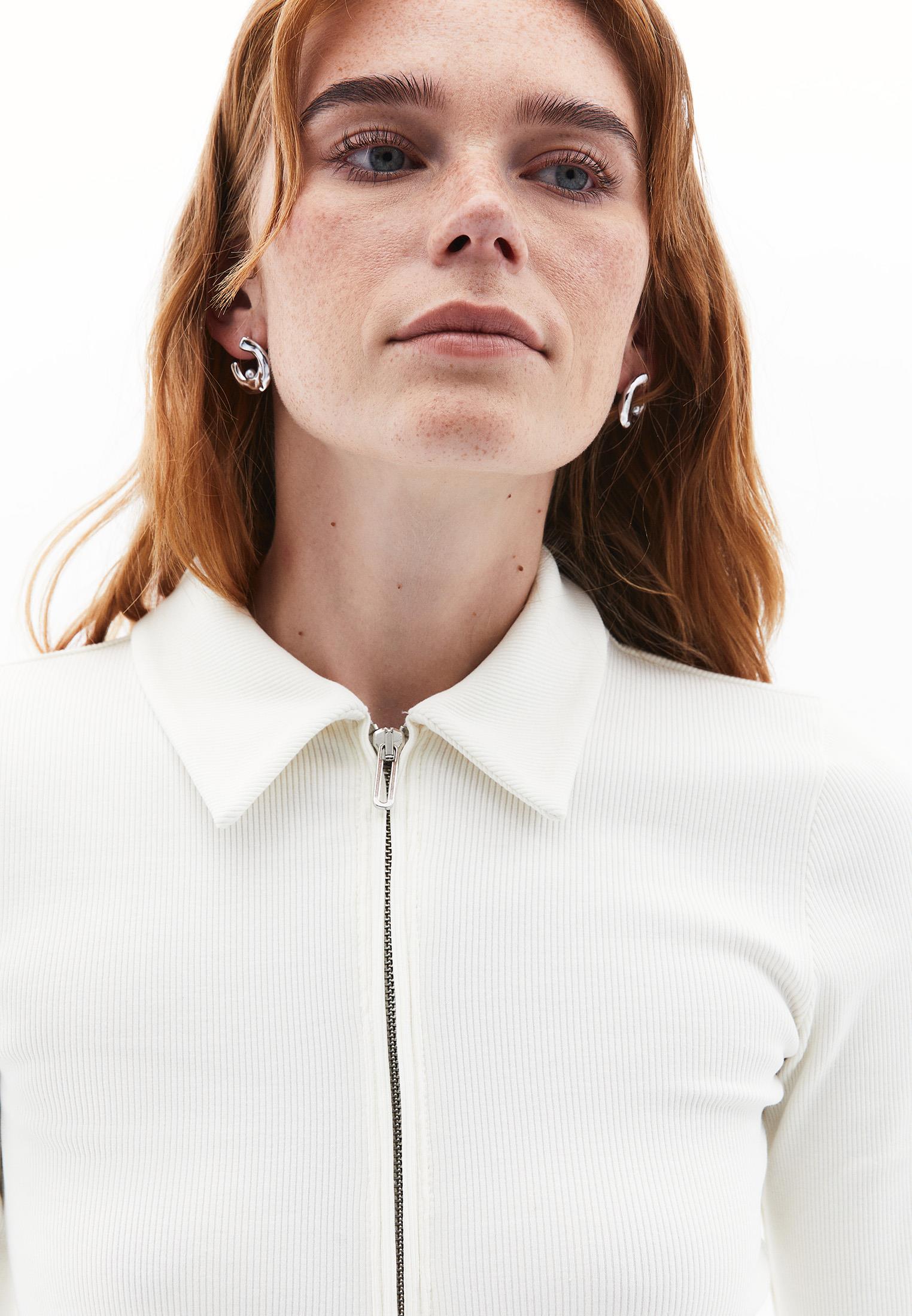 Long Sleeve Polo Collar Zipper Detail T-Shirt - ICE MILK