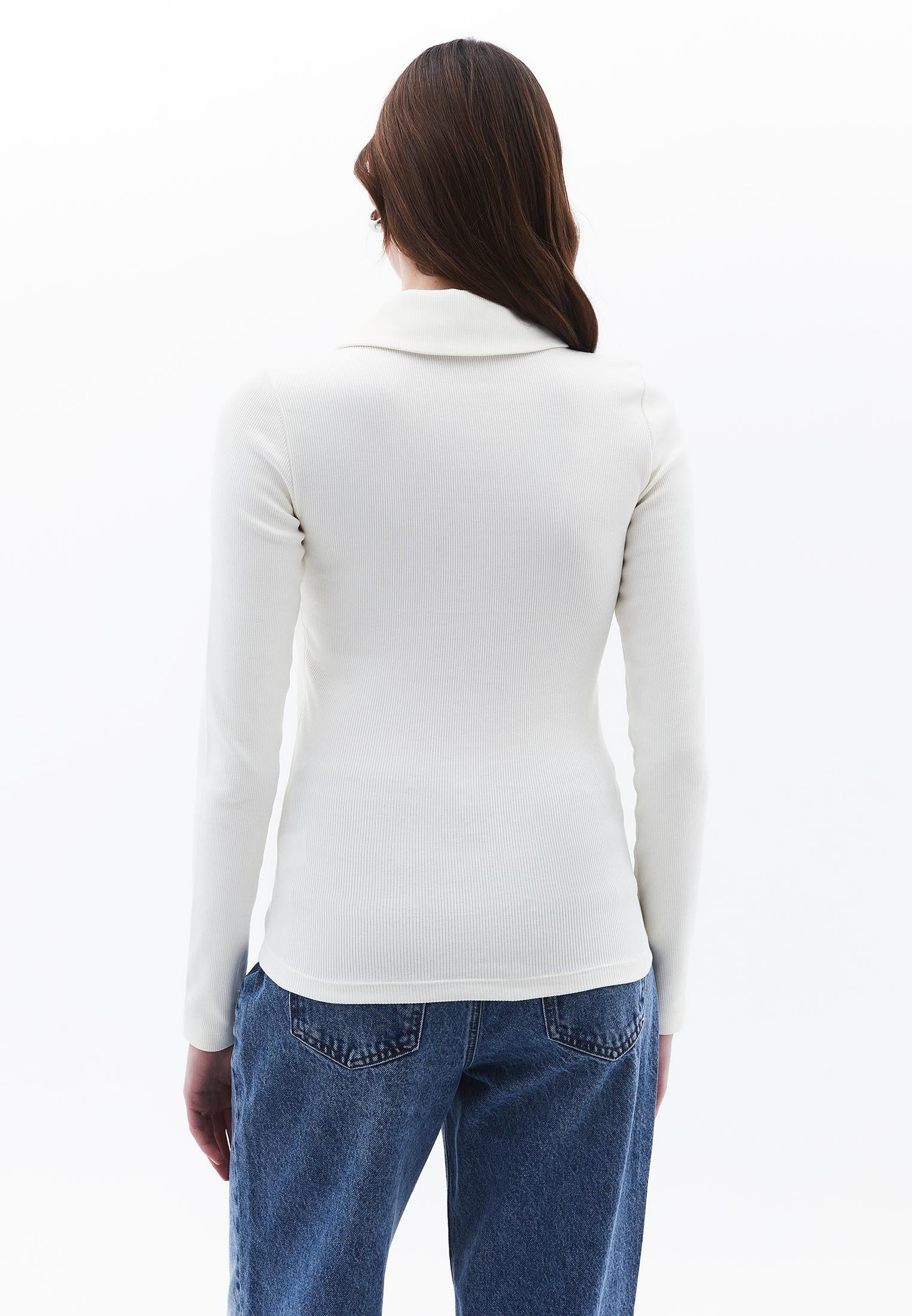 Polo Collar Long Sleeve T-Shirt With Zipper Detail - ICE MILK