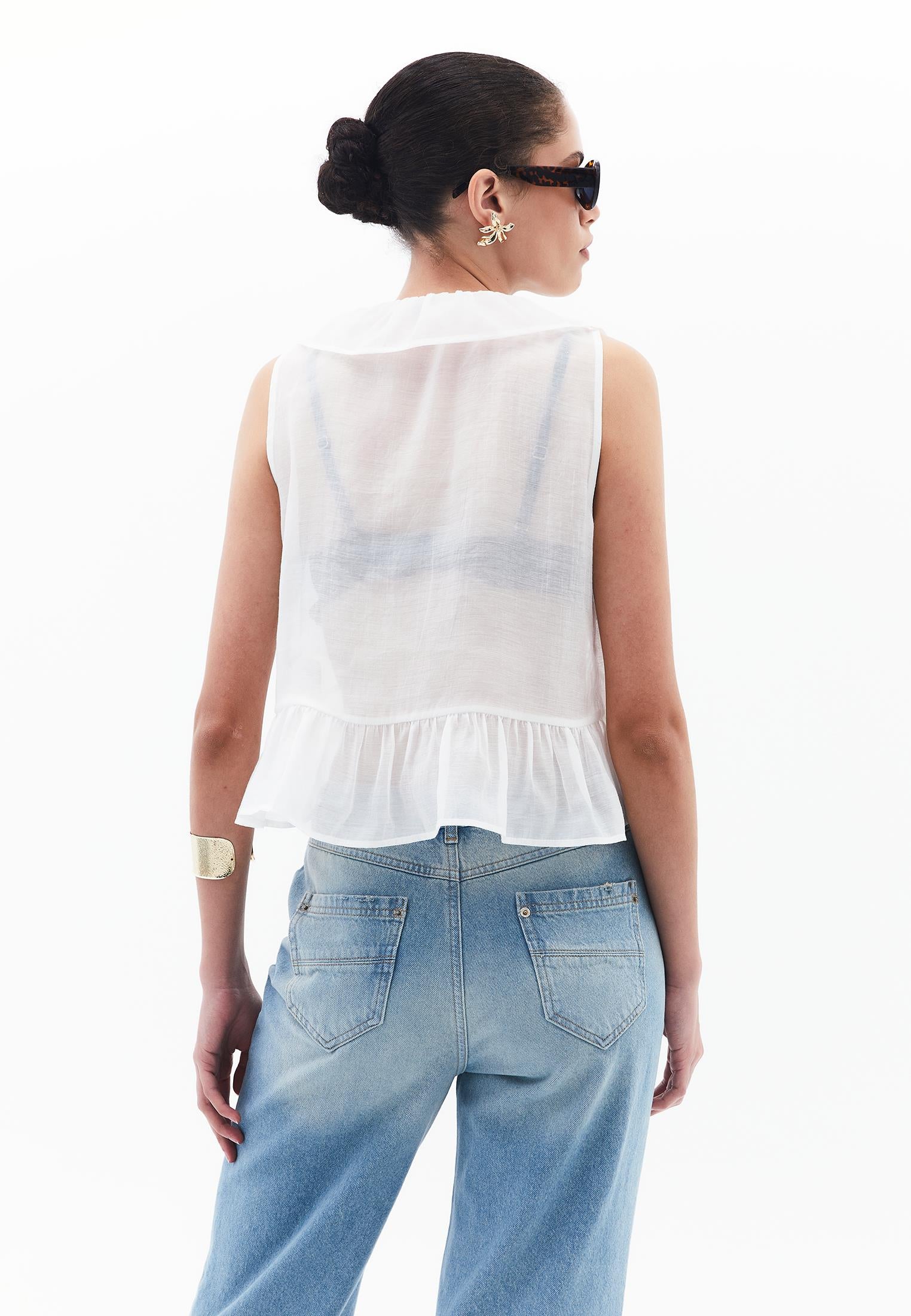 Sleeveless Blouse With Ruffle Detail And V Neck - ICE MILK