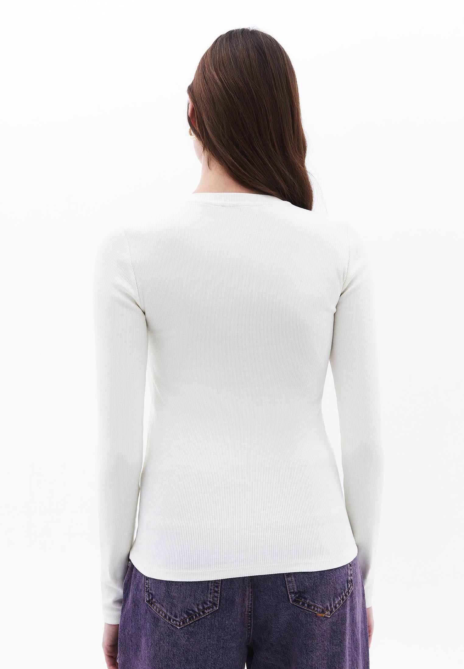 Ribbed Fabric Long Sleeve T-Shirt Crew Neck - ICE MILK