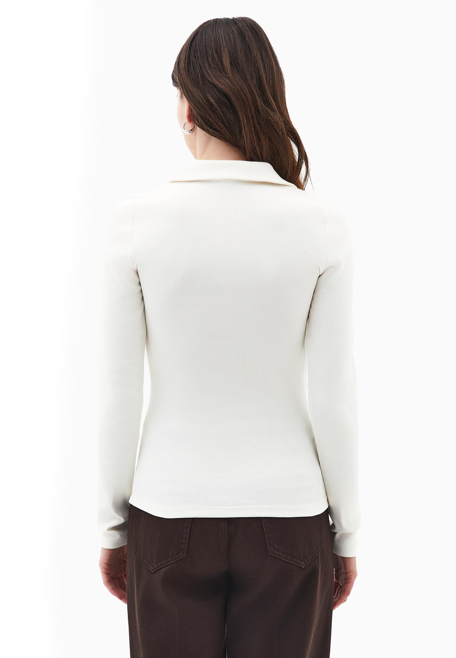 Polo Collar Long Sleeve Bodycon T-Shirt - ICE MILK