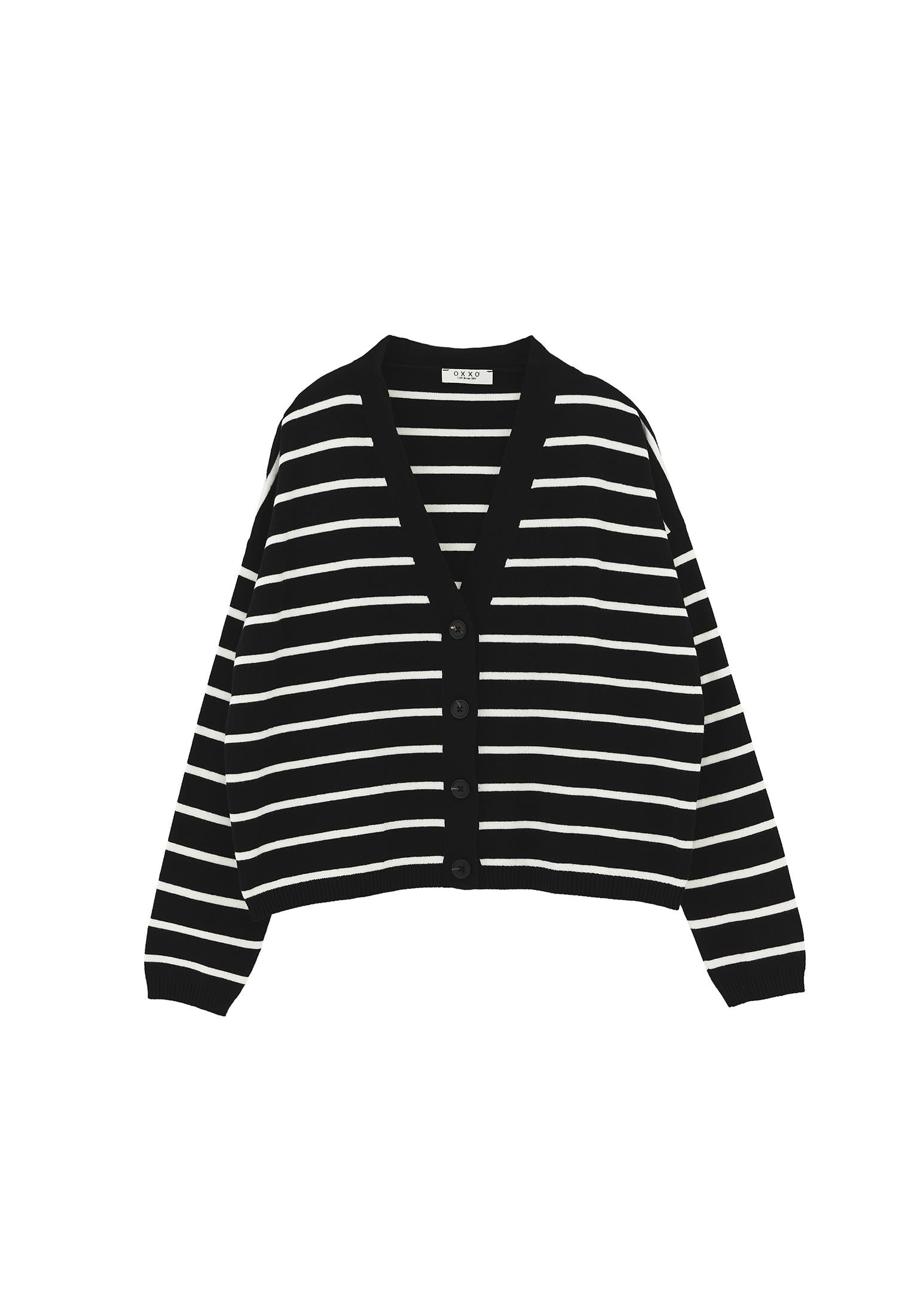 V Neck Striped Loose Knit Cardigan - BLACK/ICE MILK