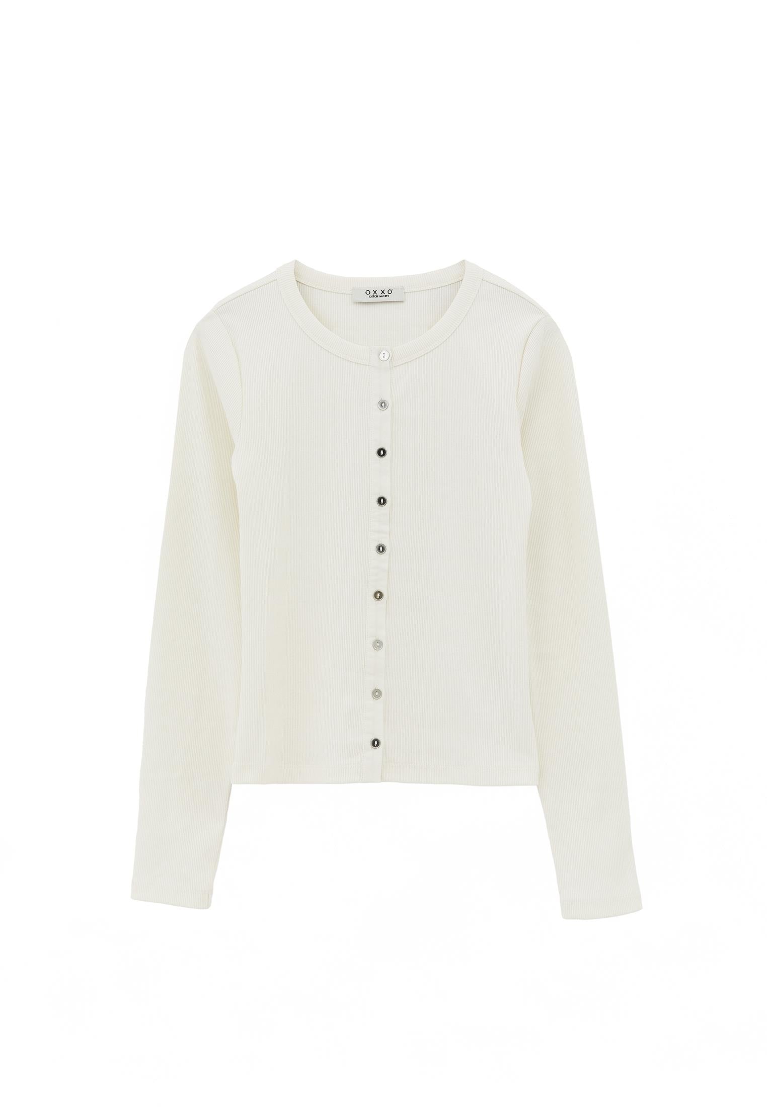 Button Detailed Crew Neck Long Sleeve T-Shirt - ICE MILK
