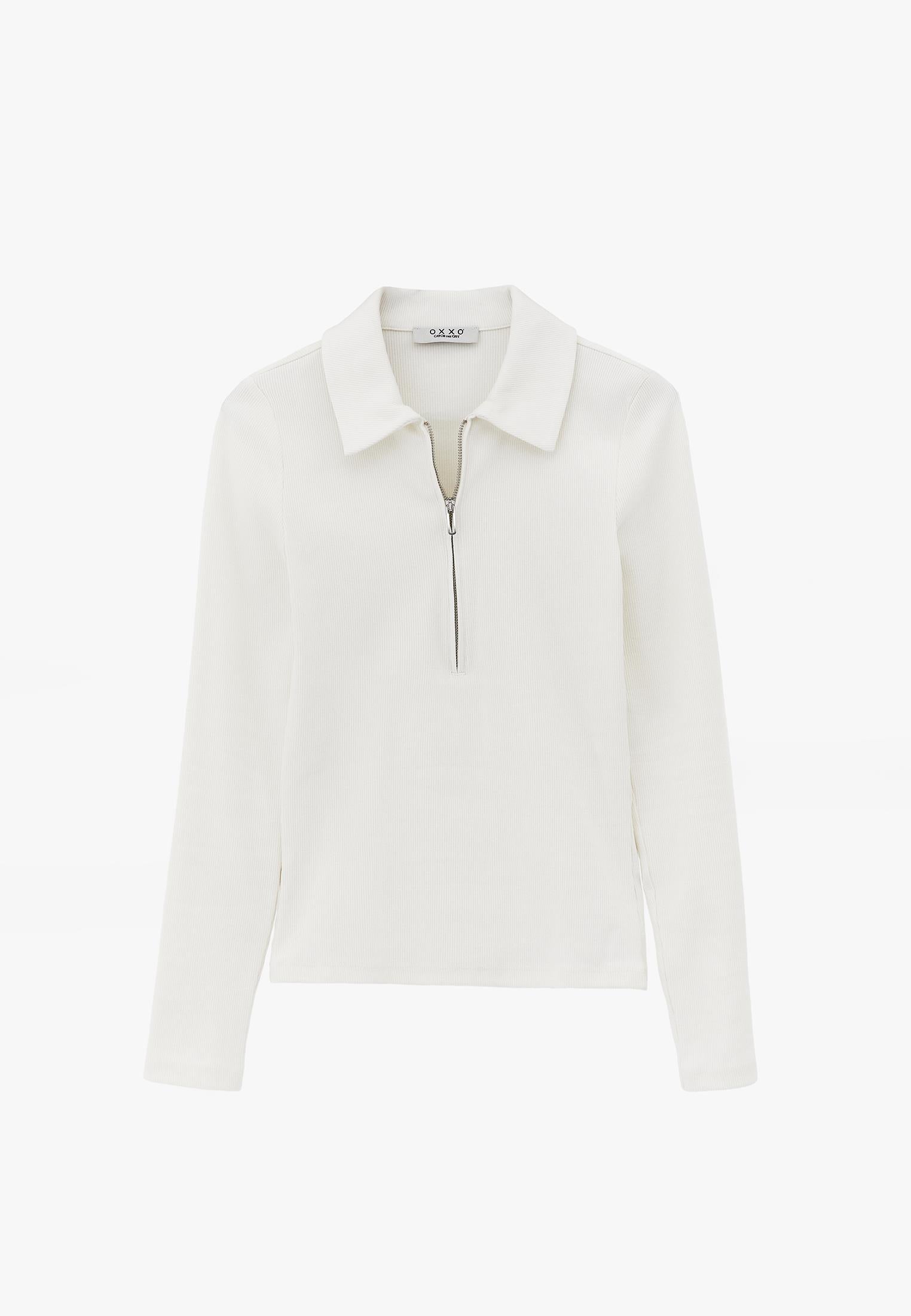 Polo Collar Zip Detailed Long Sleeve T-Shirt - ICE MILK