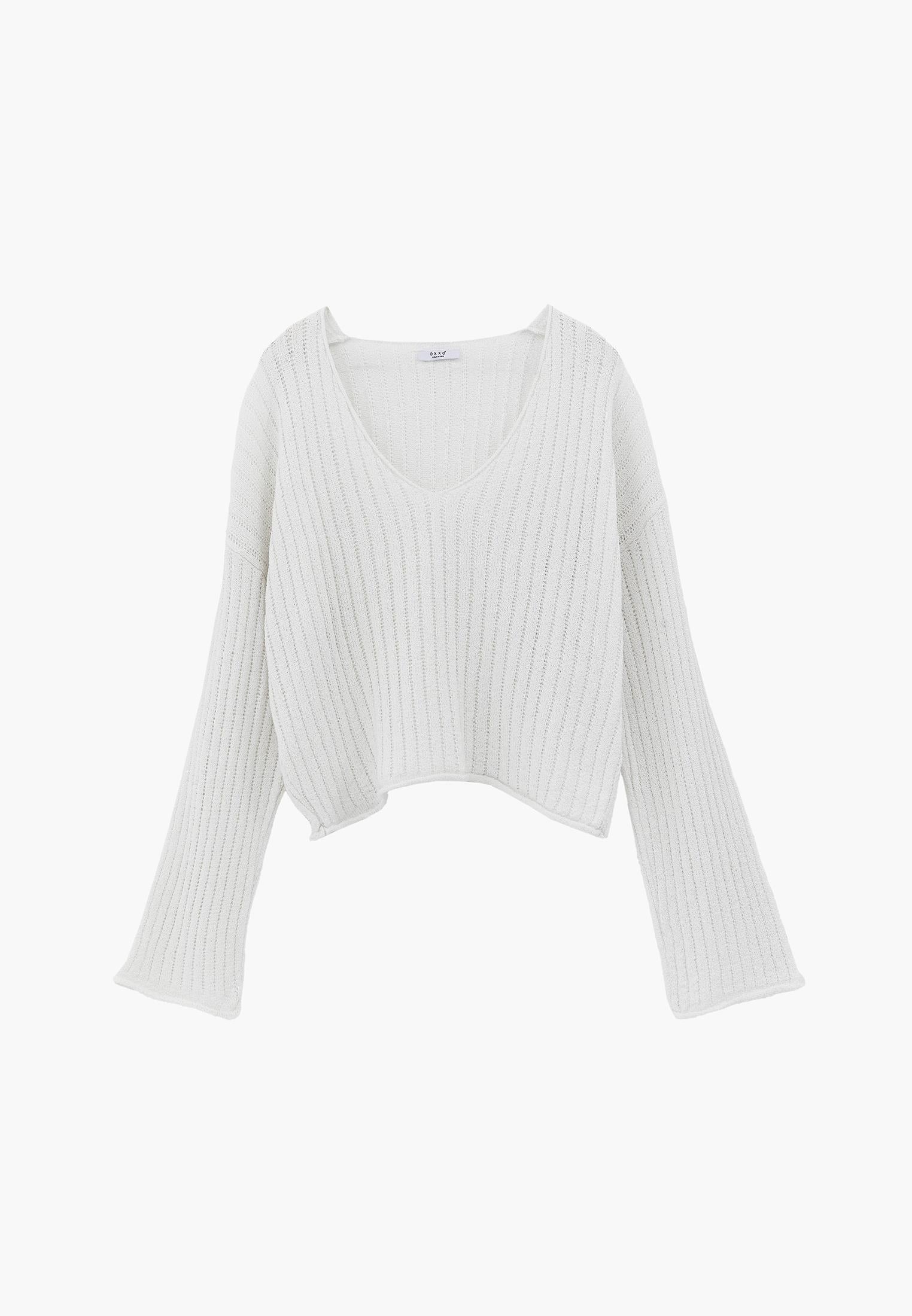 Ribbed V-Neck Long Sleeve Sweater - ICE MILK