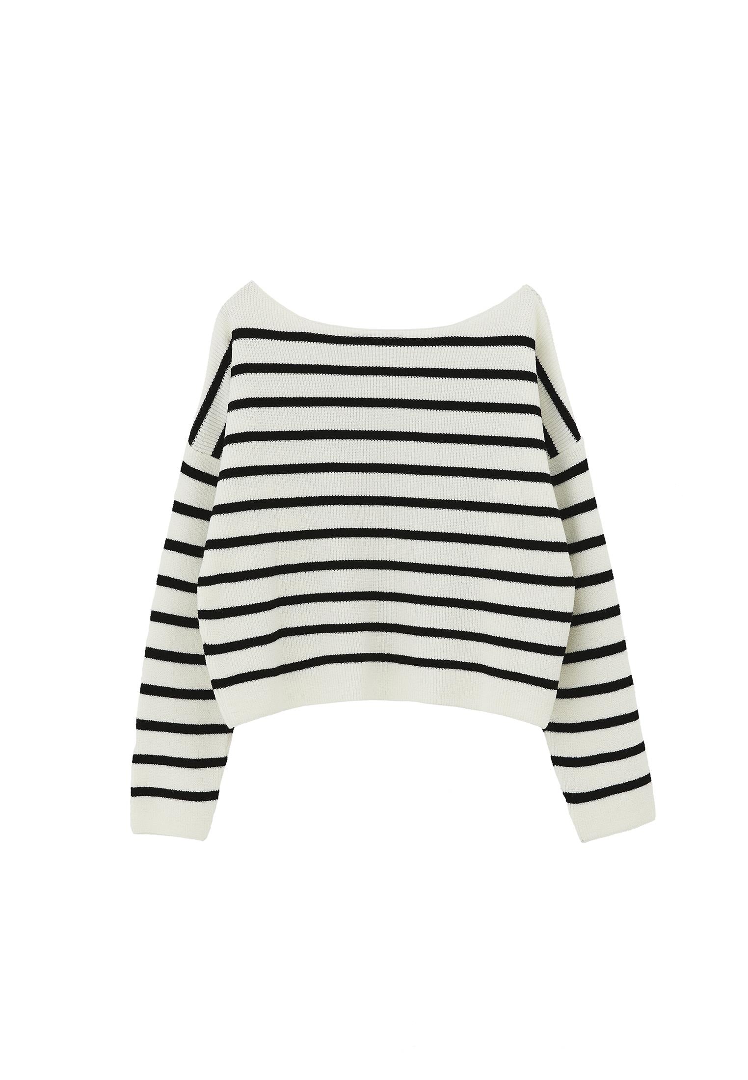 Boat Neck Striped Sweater - BLACK/ICE MILK