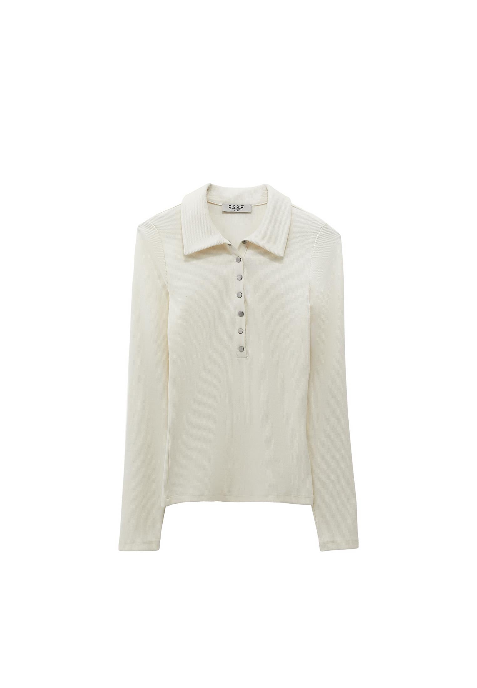 Polo Collar Long Sleeve Bodycon T-Shirt - ICE MILK