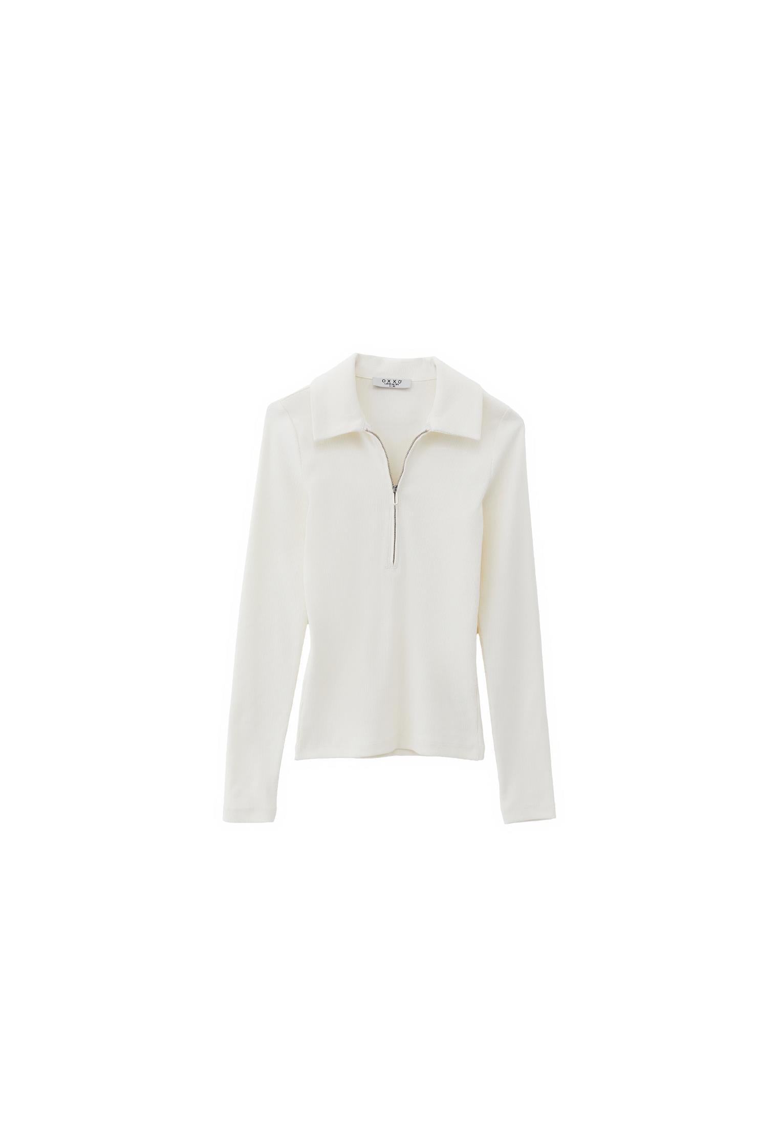 Polo Collar Long Sleeve T-Shirt With Zipper Detail - ICE MILK