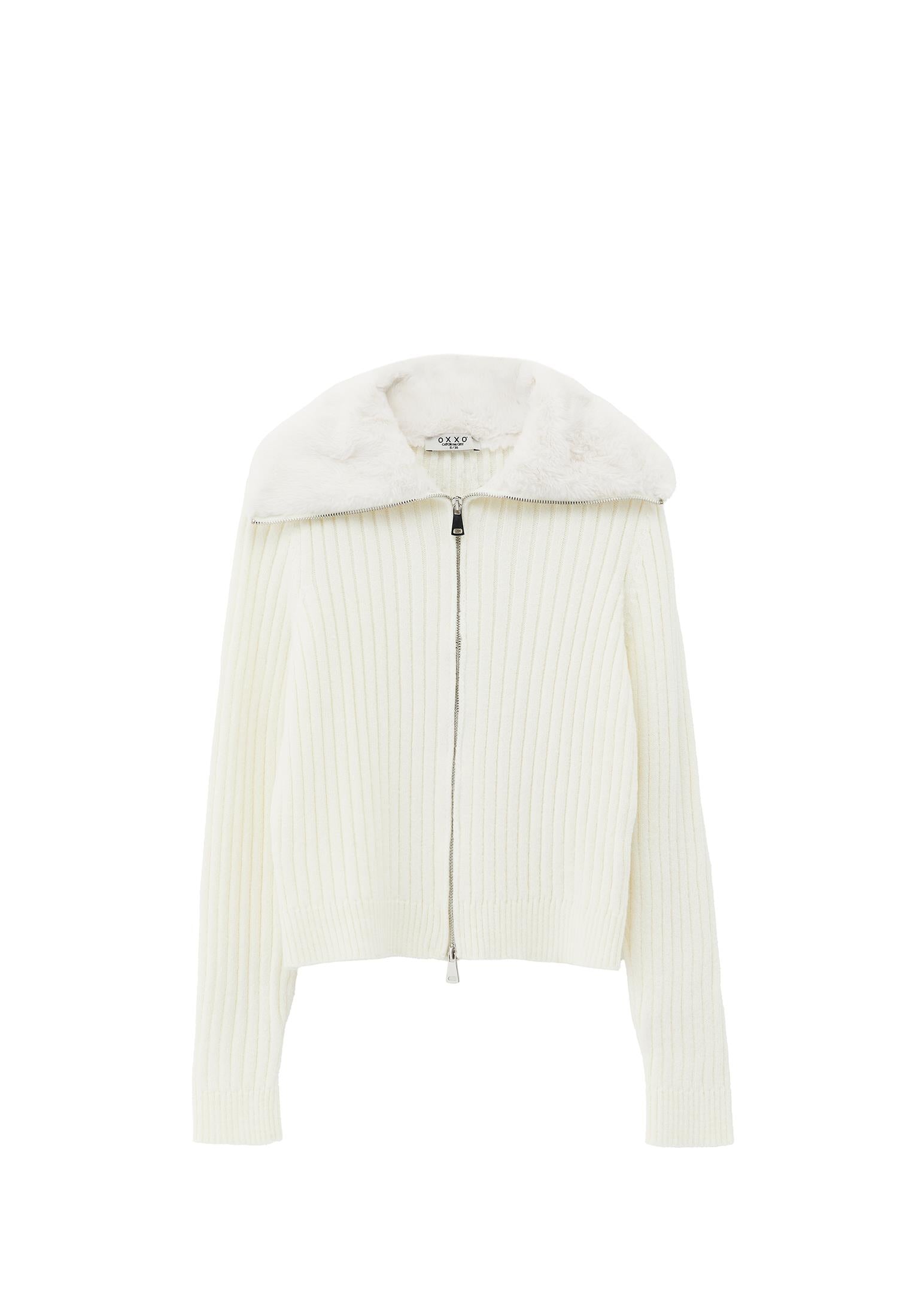 Polo Neck Zipper Detail Knit Cardigan - ICE MILK