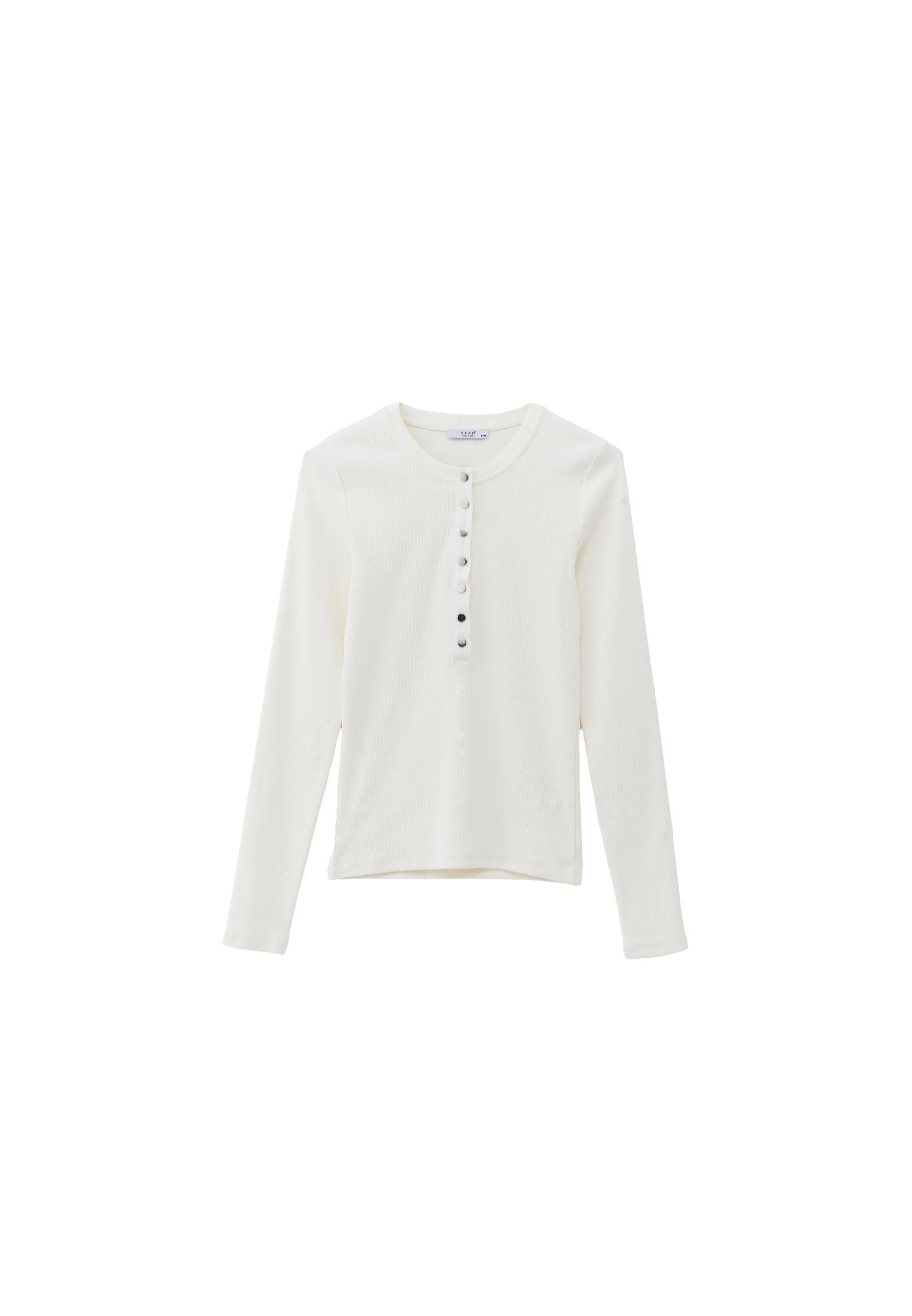 Ribbed Fabric Long Sleeve T-Shirt Crew Neck - ICE MILK