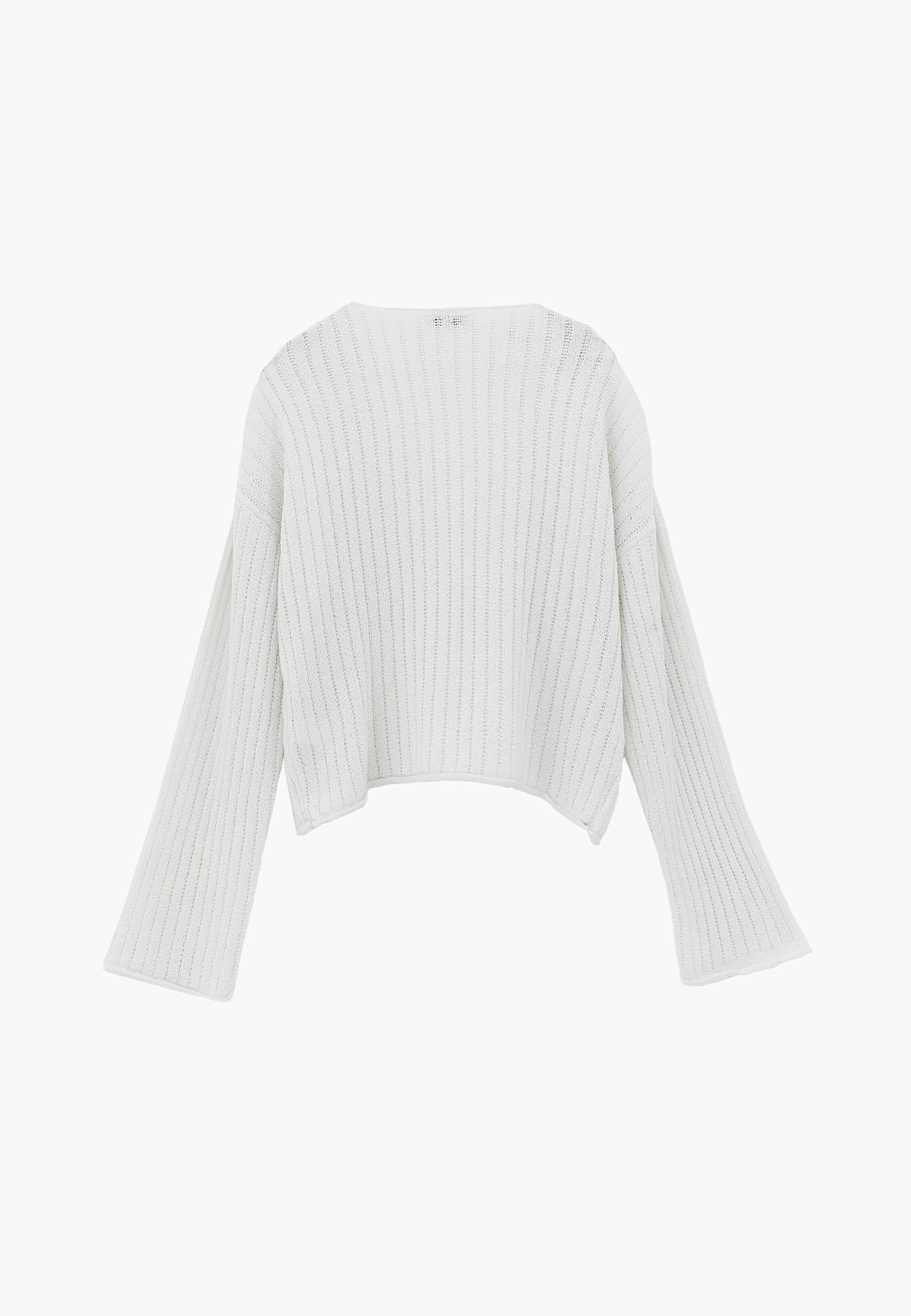 Ribbed V-Neck Long Sleeve Sweater - ICE MILK