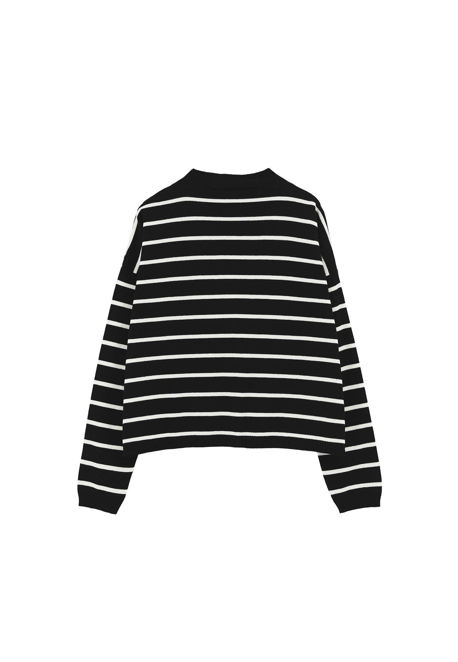 V Neck Striped Loose Knit Cardigan - BLACK/ICE MILK